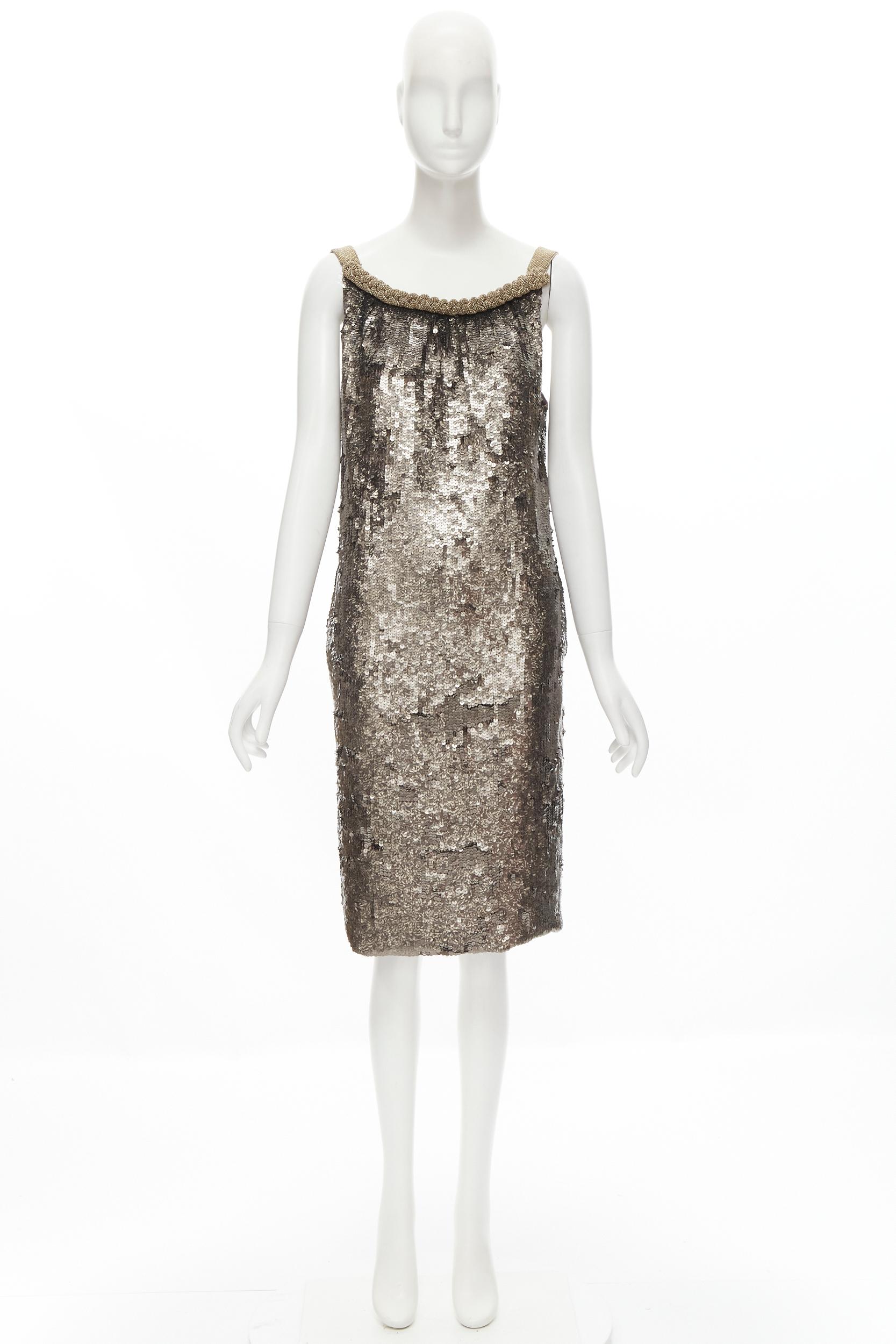 DRIES VAN NOTEN Vintage silver beaded braid neckline silver sequins dress FR40 M For Sale 2