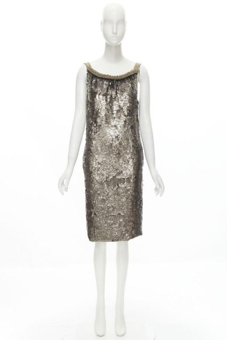 DRIES VAN NOTEN Vintage silver beaded braid neckline silver sequins dress FR40 M 5