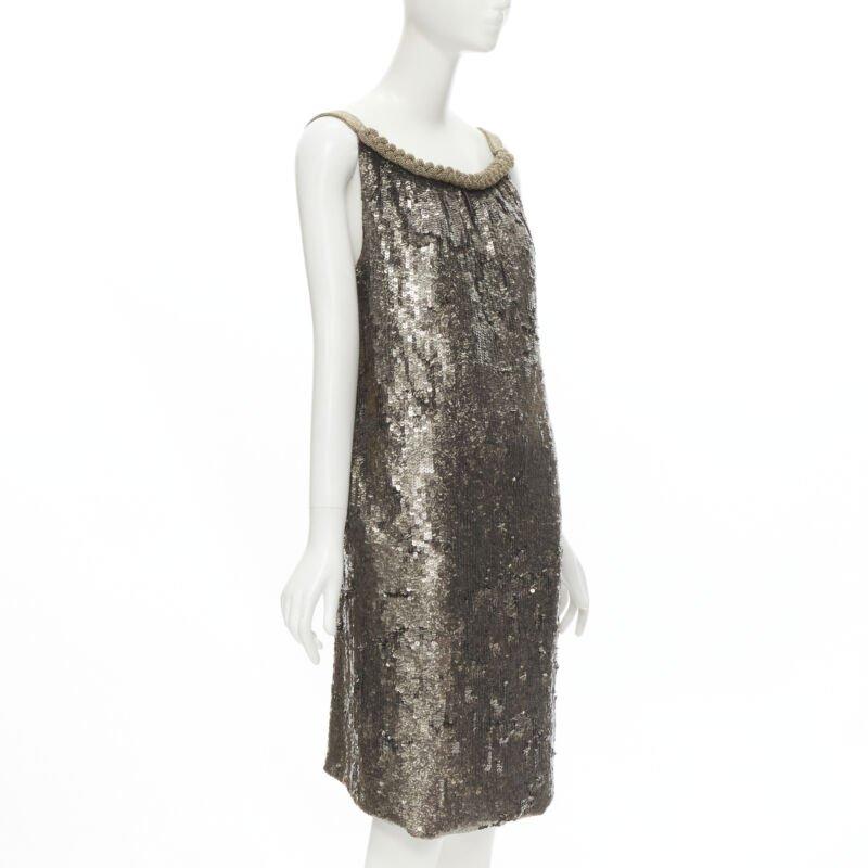 Silver DRIES VAN NOTEN Vintage silver beaded braid neckline silver sequins dress FR40 M