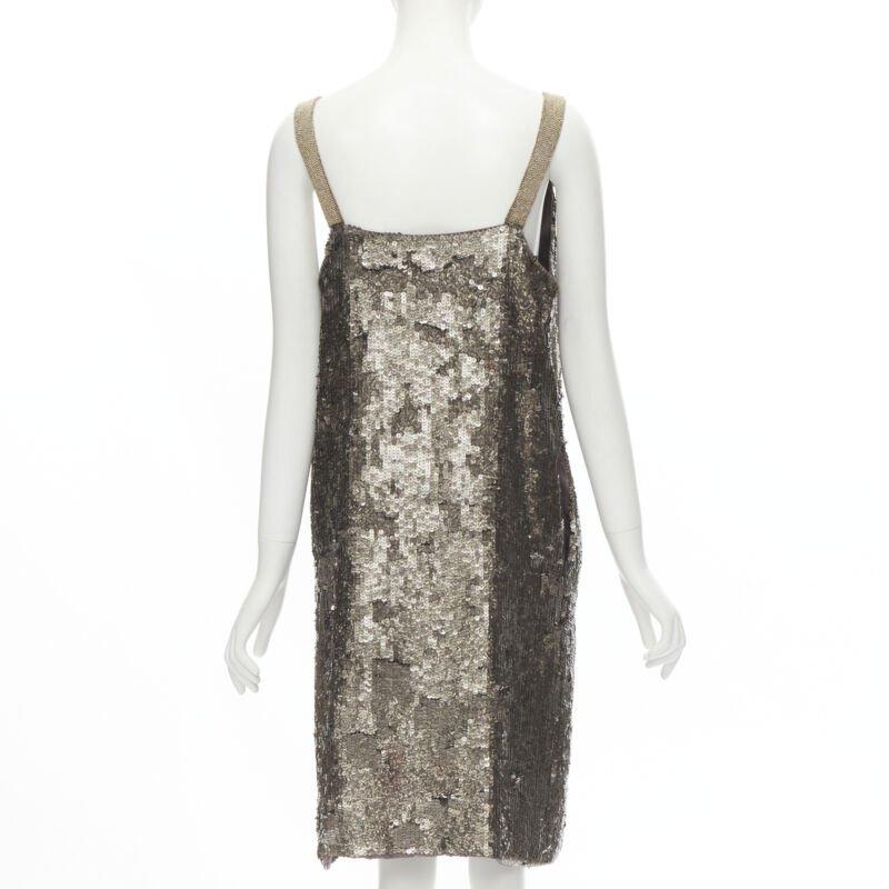 Women's DRIES VAN NOTEN Vintage silver beaded braid neckline silver sequins dress FR40 M