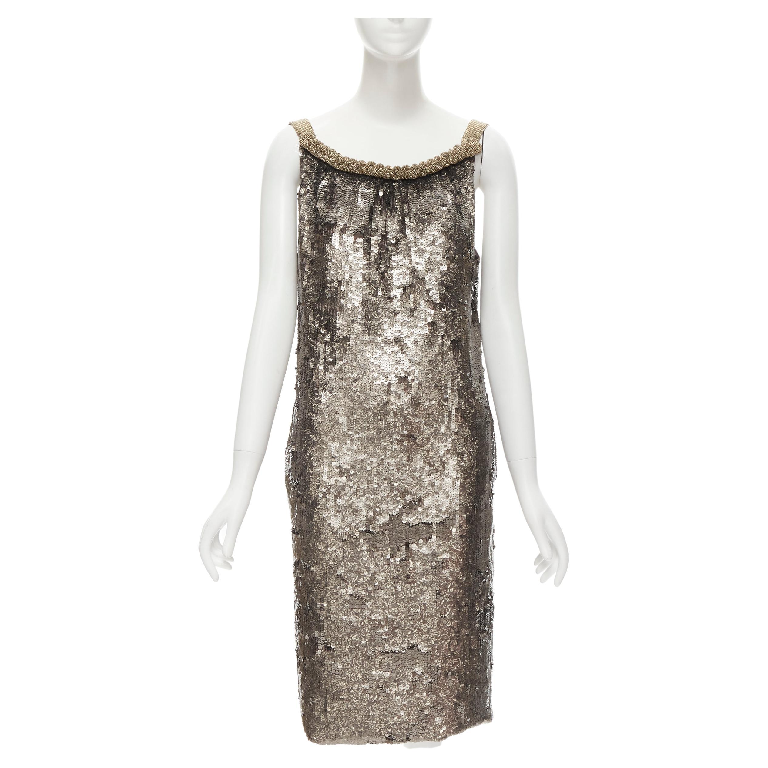 DRIES VAN NOTEN Vintage silver beaded braid neckline silver sequins dress FR40 M For Sale