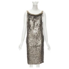 DRIES VAN NOTEN Vintage silberne Perlenborte Halsausschnitt silberne Pailletten Kleid FR40 M
