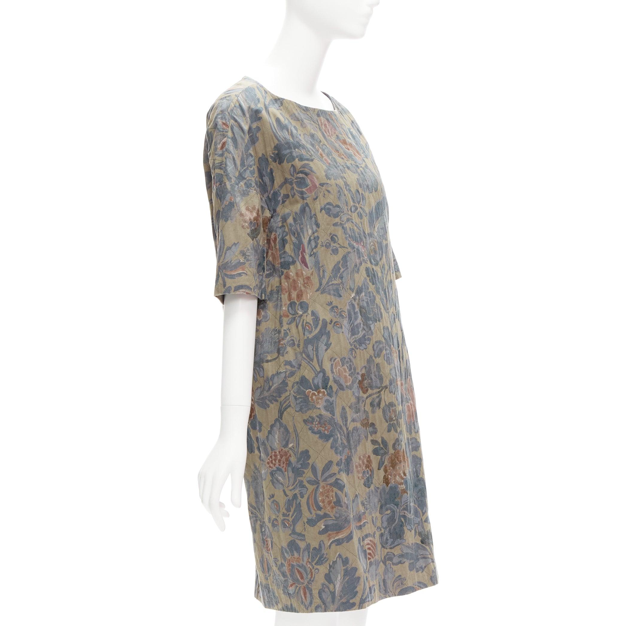 Gray DRIES VAN NOTEN washed vintage floral diamond quilted dress IT36 XS For Sale