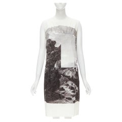 DRIES VAN NOTEN white black landscape illustration print cotton dress FR36 S