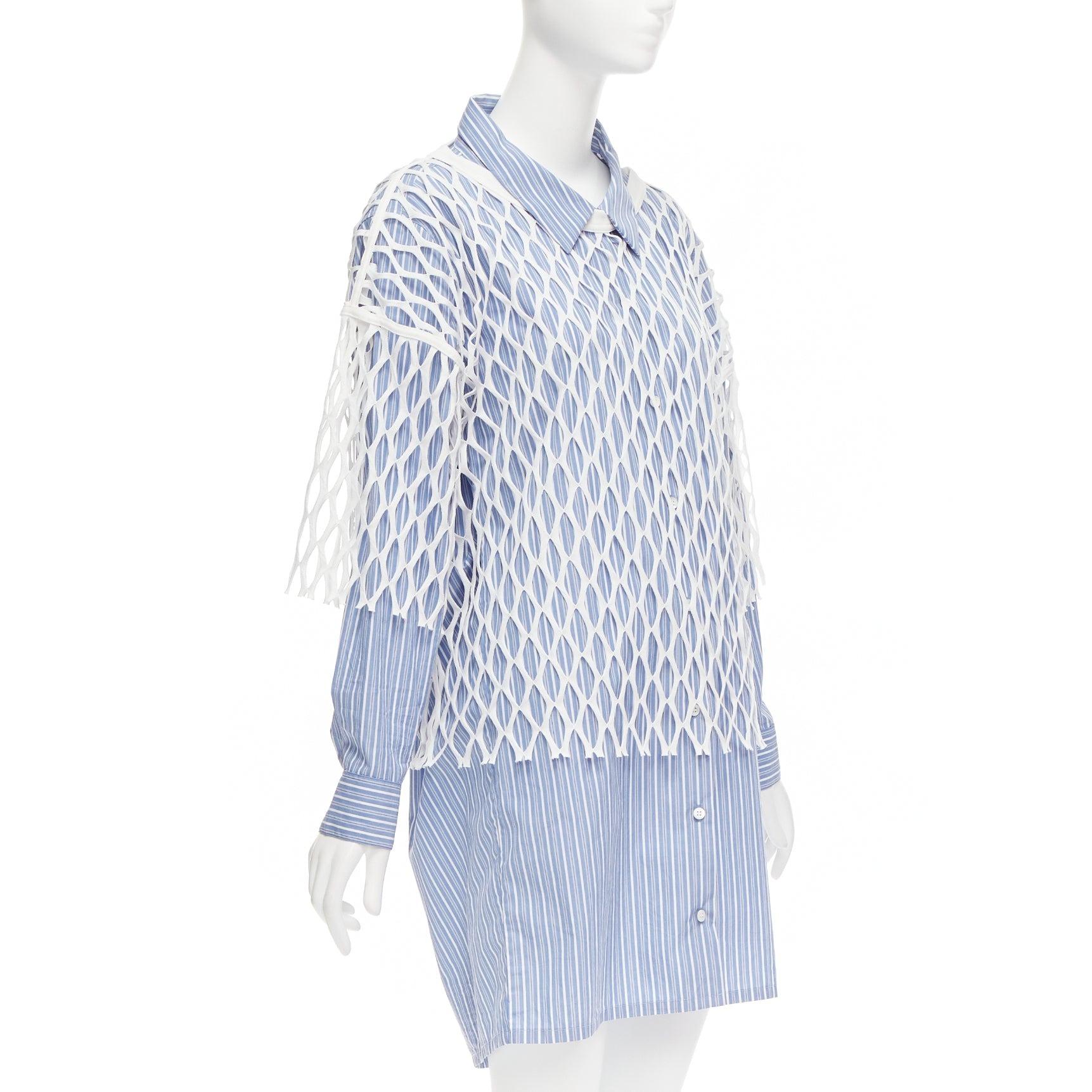 Purple DRIES VAN NOTEN white blue cotton fishnet overlay shirt dress FR34 XS For Sale