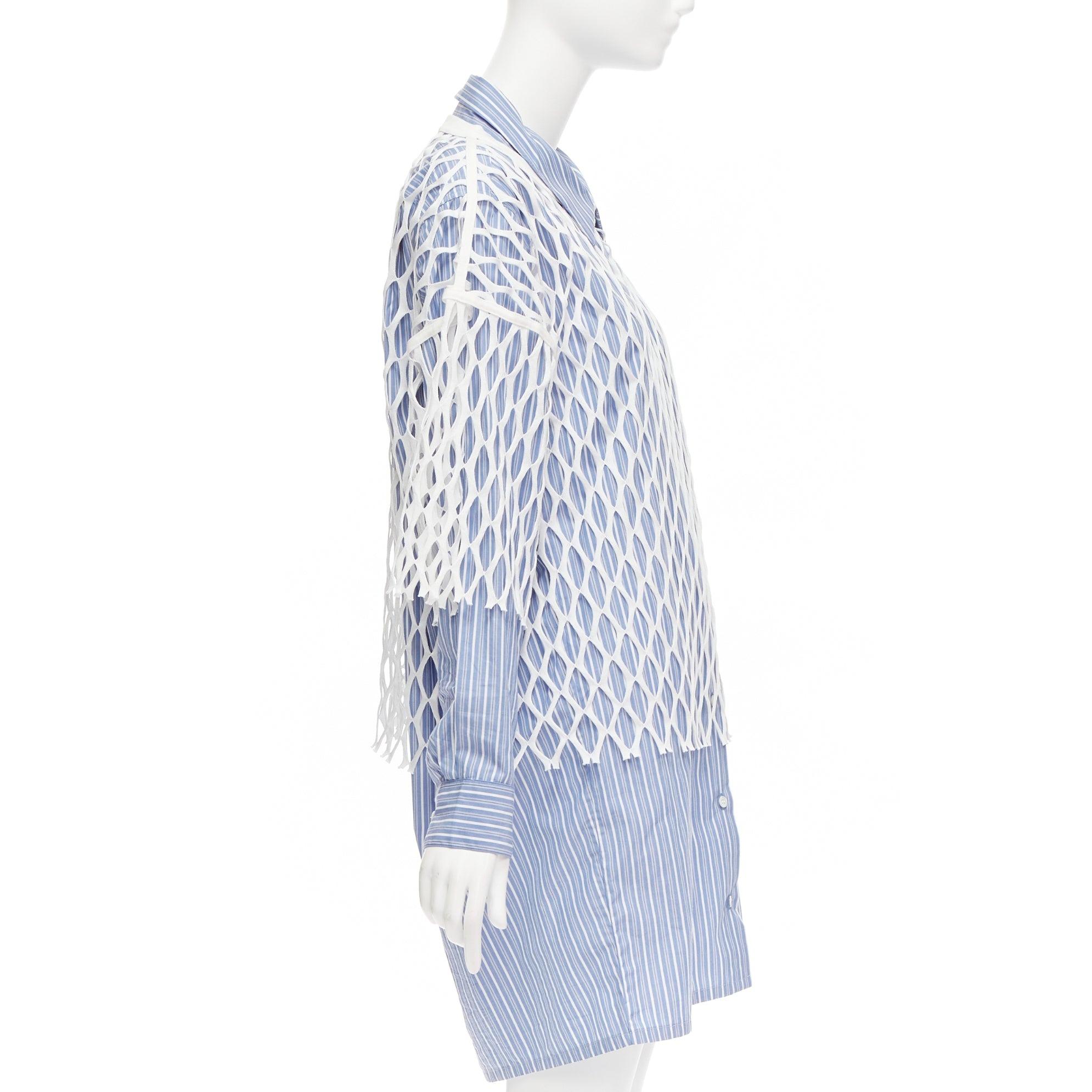 DRIES VAN NOTEN white blue cotton fishnet overlay shirt dress FR34 XS In Excellent Condition For Sale In Hong Kong, NT