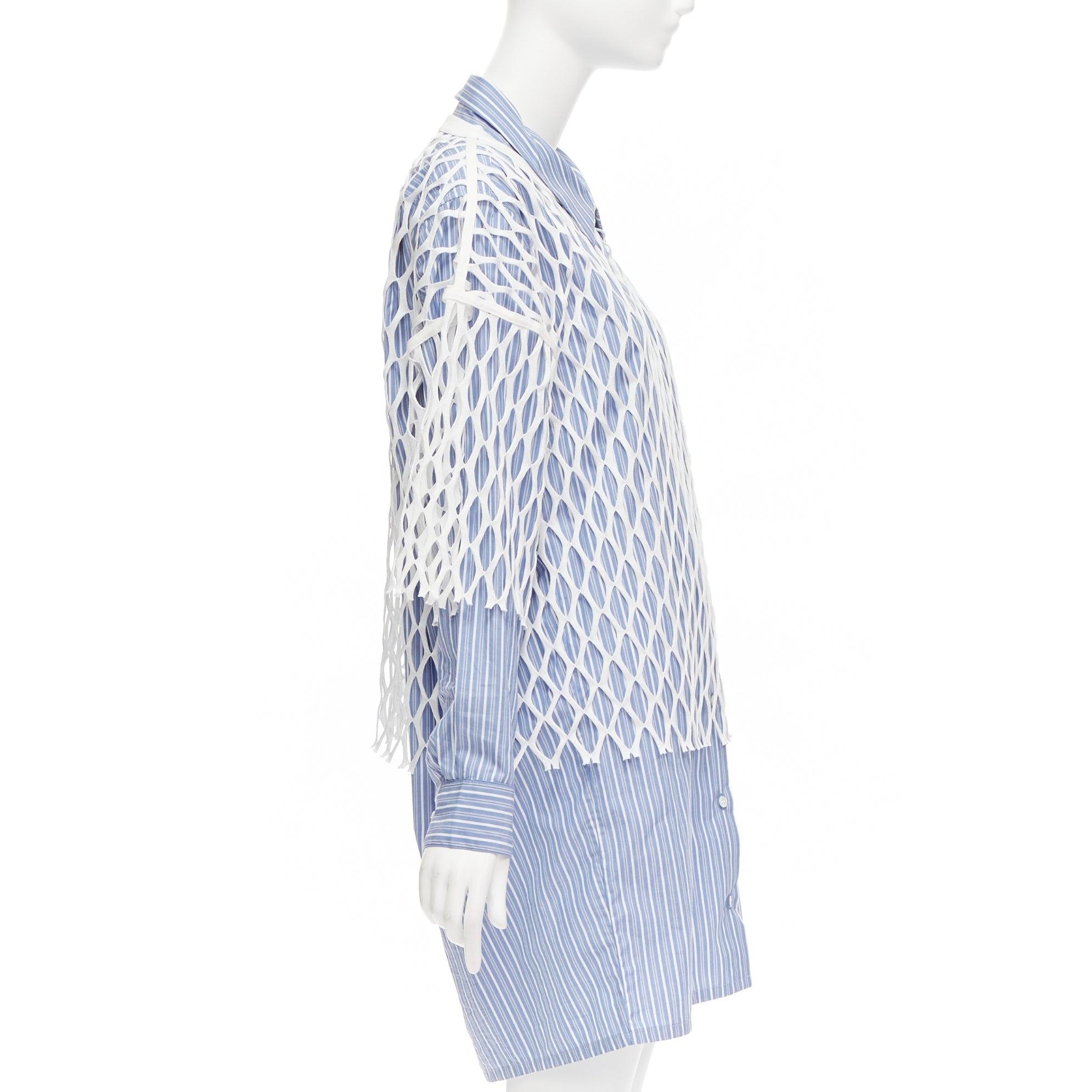 DRIES VAN NOTEN white blue cotton fishnet overlay shirt dress FR34 XS In Excellent Condition In Hong Kong, NT