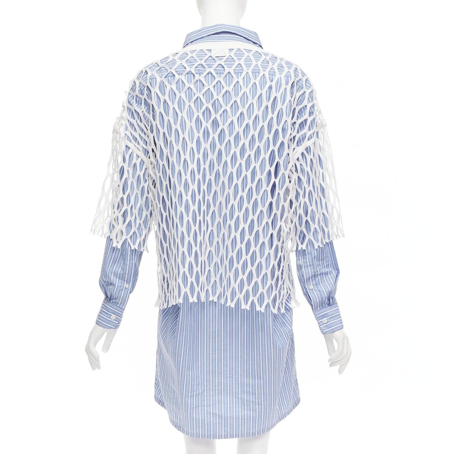 Women's DRIES VAN NOTEN white blue cotton fishnet overlay shirt dress FR34 XS For Sale