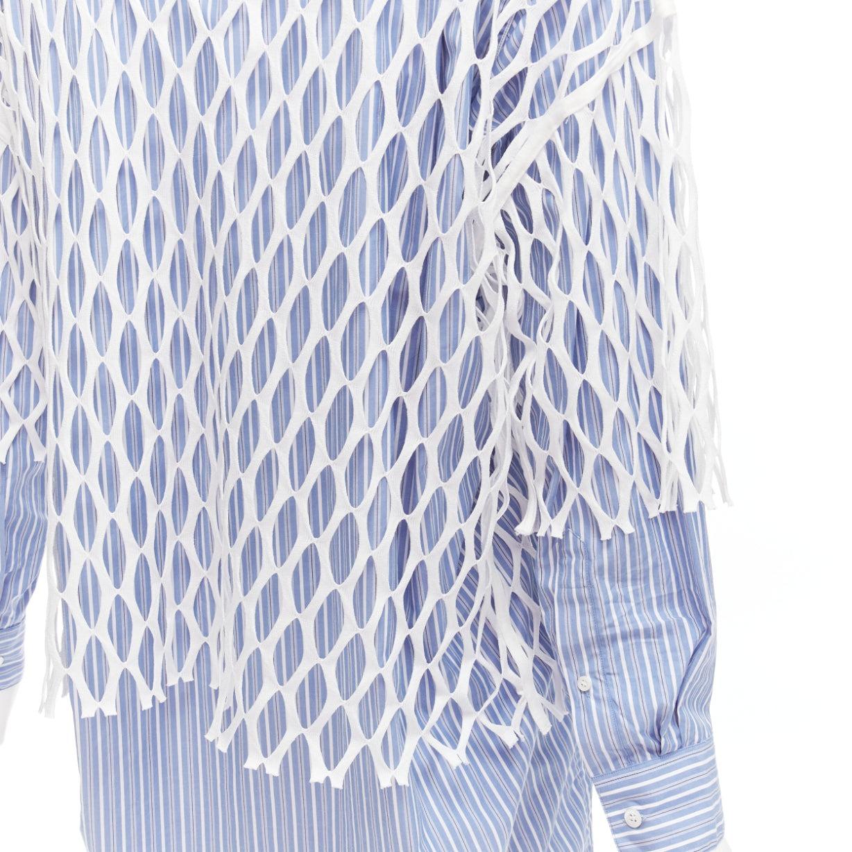 DRIES VAN NOTEN white blue cotton fishnet overlay shirt dress FR34 XS For Sale 2
