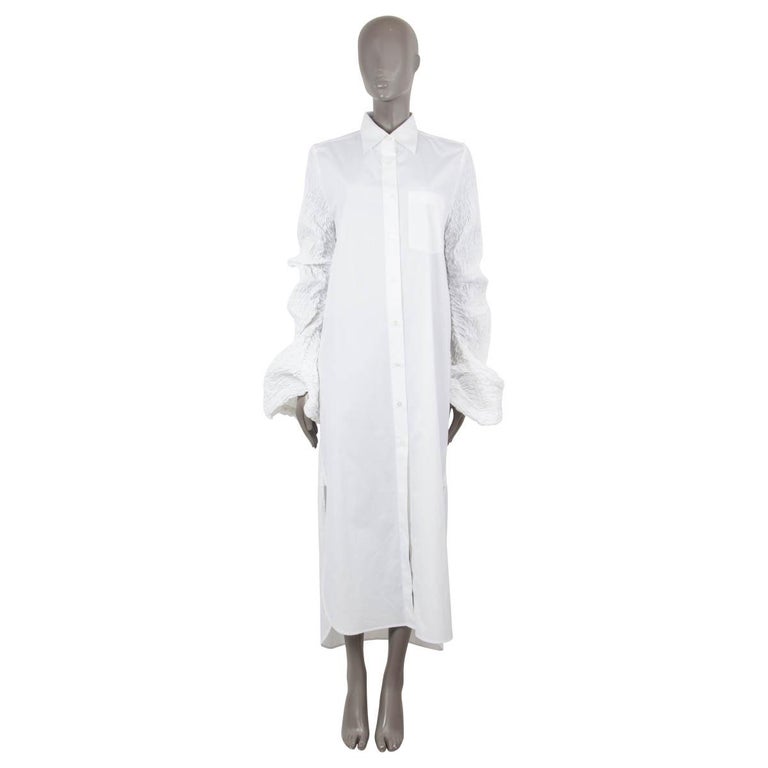 DRIES VAN NOTEN white cotton 2022 SMOCKED SLEEVE POPLIN MAXI SHIRT