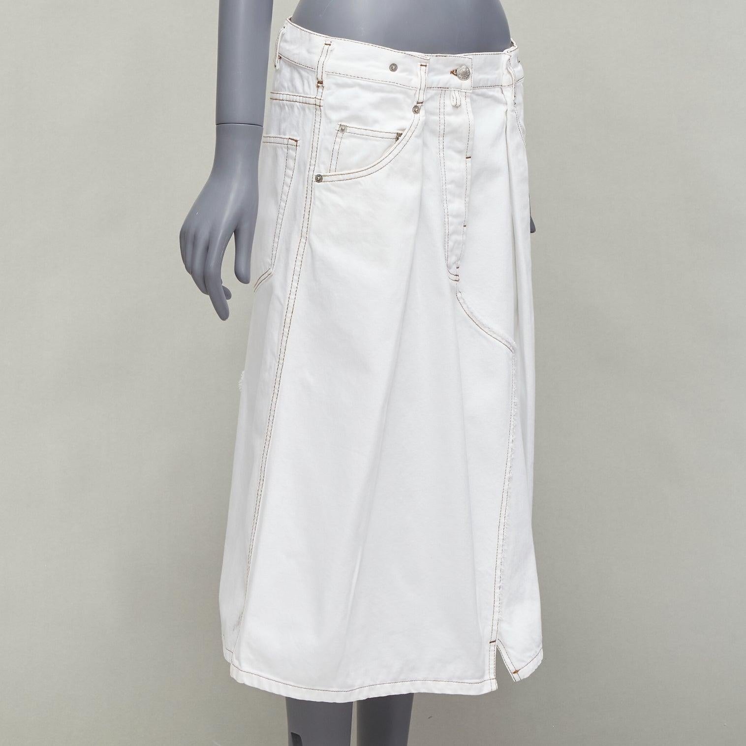 DRIES VAN NOTEN white cotton brown overstitched A-line denim skirt FR38 M In Good Condition For Sale In Hong Kong, NT
