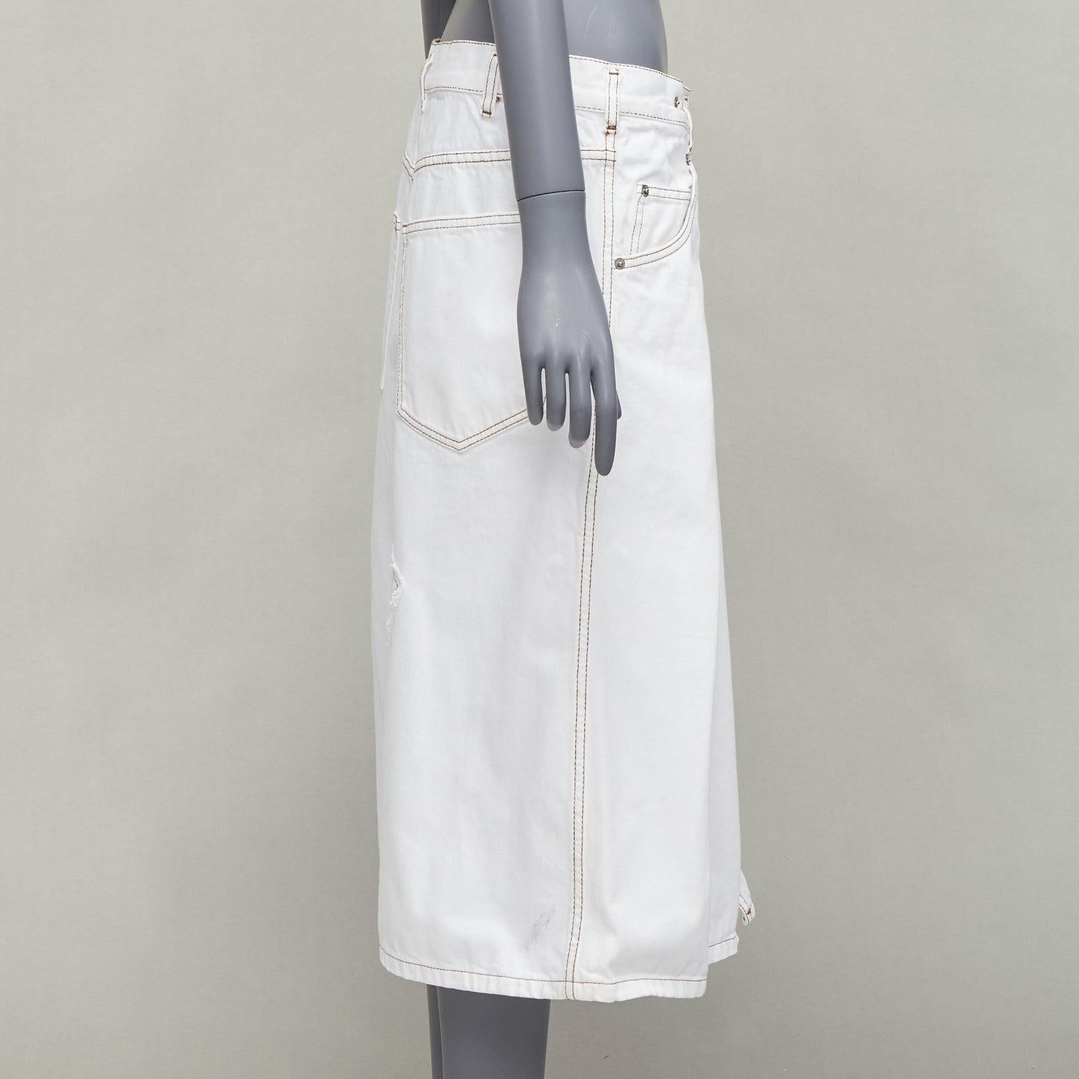 Women's DRIES VAN NOTEN white cotton brown overstitched A-line denim skirt FR38 M For Sale