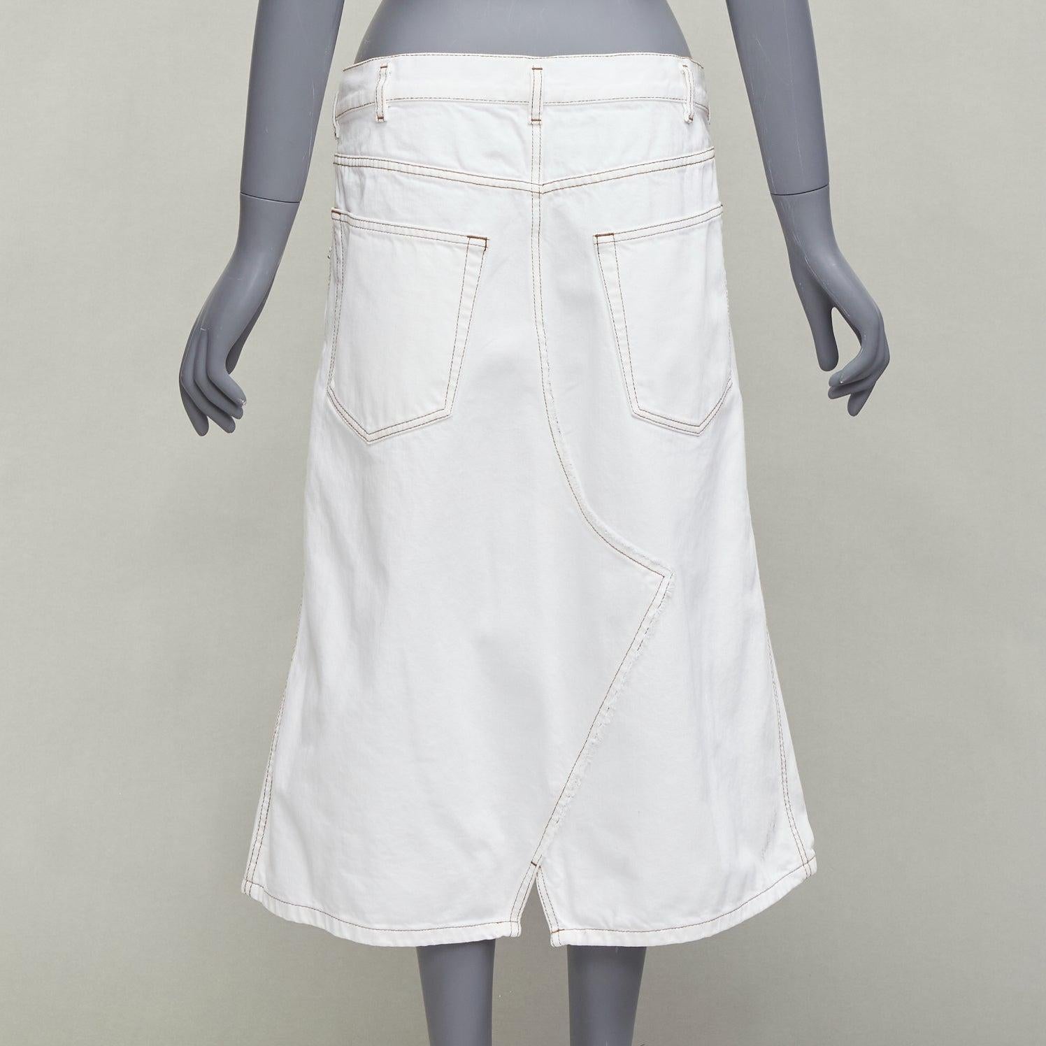 DRIES VAN NOTEN white cotton brown overstitched A-line denim skirt FR38 M For Sale 1