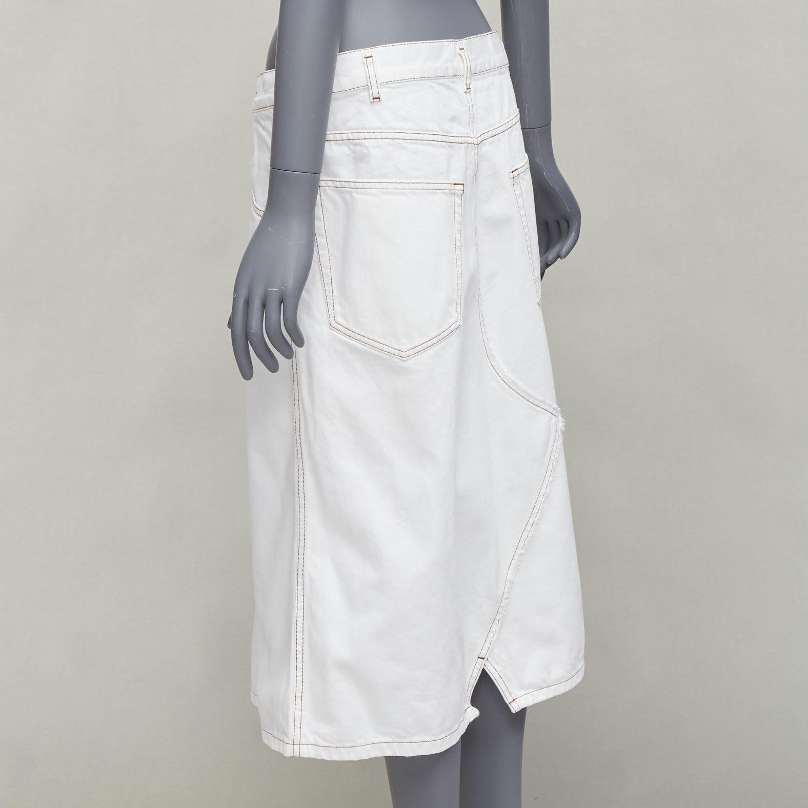 DRIES VAN NOTEN white cotton brown overstitched A-line denim skirt FR38 M For Sale 2