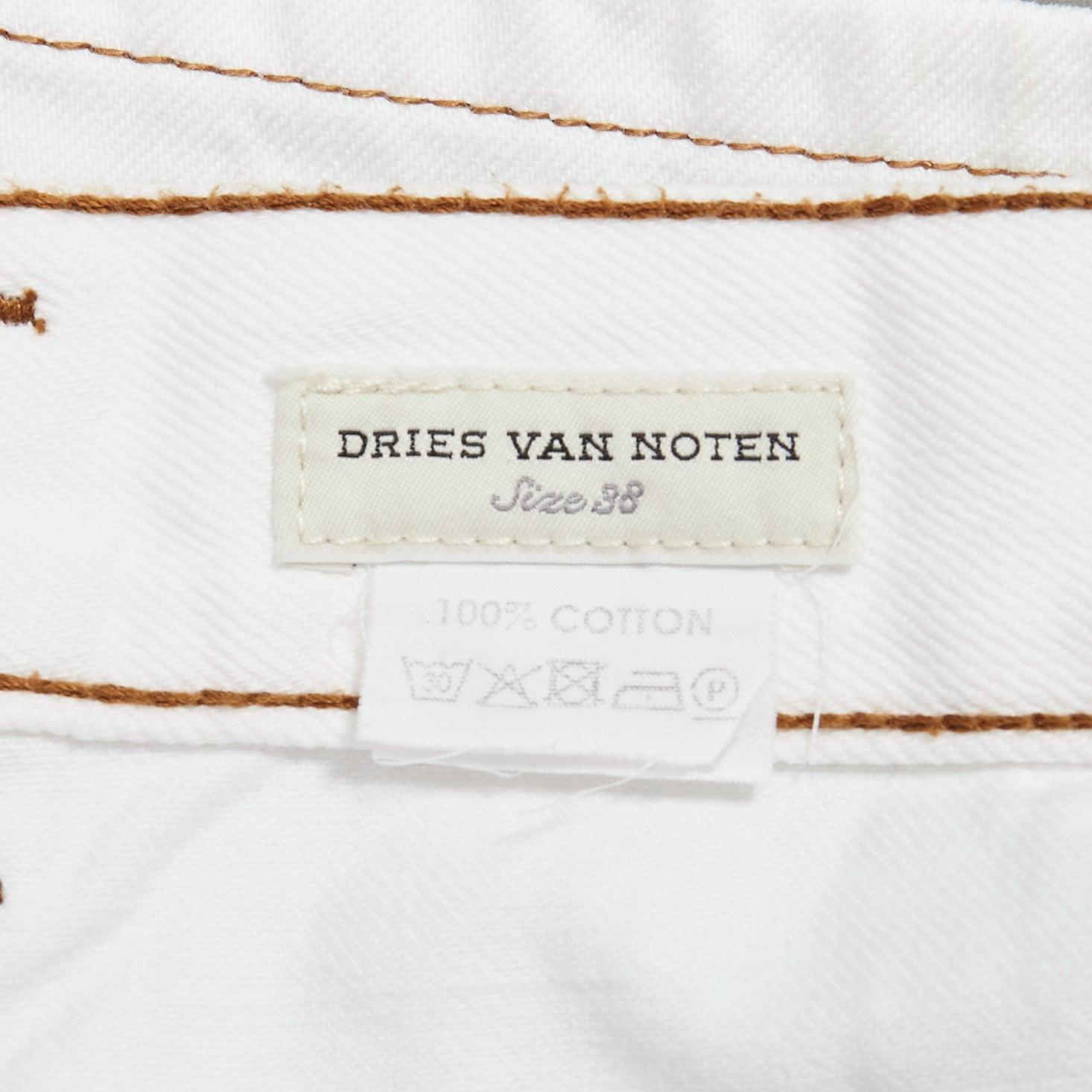 DRIES VAN NOTEN white cotton brown overstitched A-line denim skirt FR38 M For Sale 4