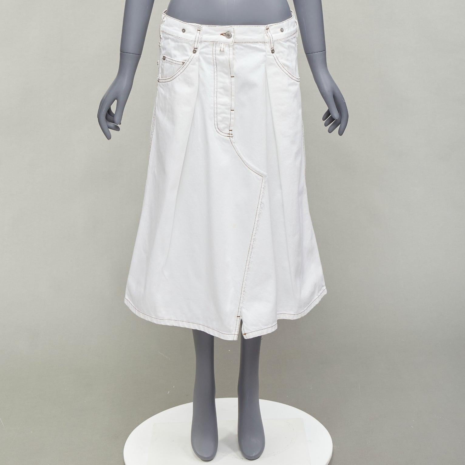 DRIES VAN NOTEN white cotton brown overstitched A-line denim skirt FR38 M For Sale 5