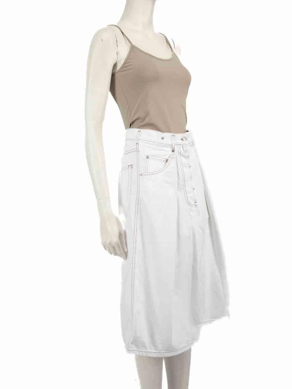 CONDITION is Very good. Minimal wear to skirt is evident. Minimal wear to the front with a small mark on this used Dries Van Noten designer resale item.
 
 
 
 Details
 
 
 White
 
 Denim
 
 Skirt
 
 Midi
 
 Brown contrast stitching
 
 3x Front