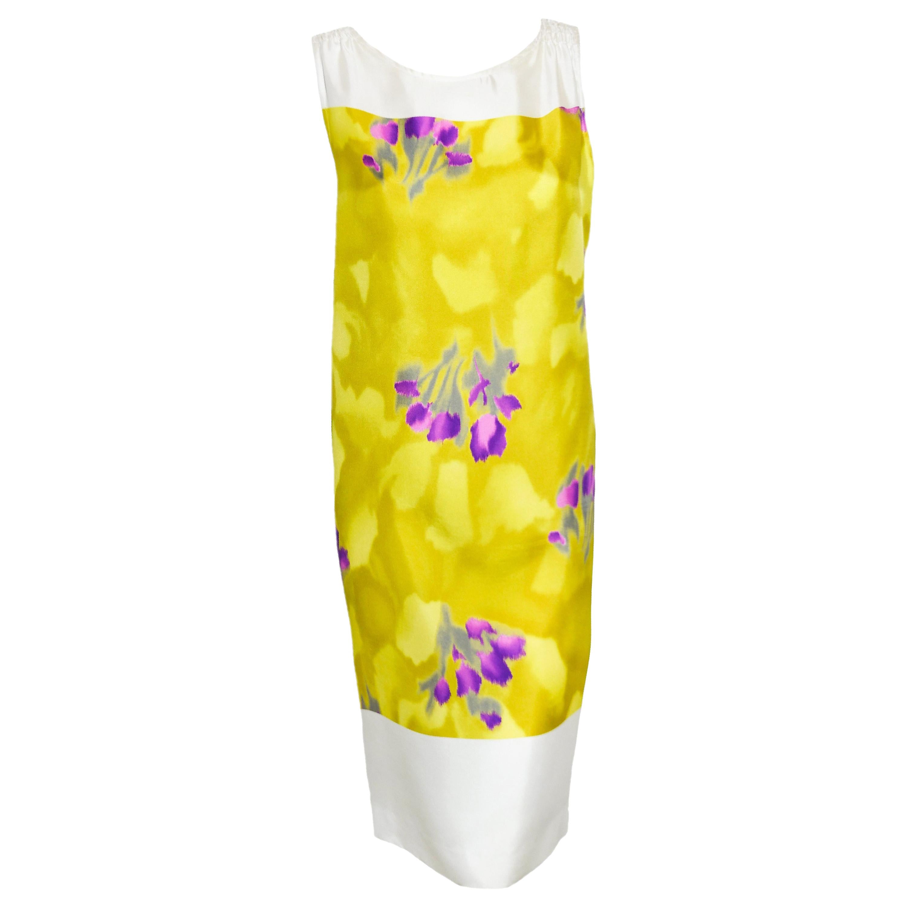 Dries Van Noten White, Yellow & Violet Floral Sleeveless Dress For Sale