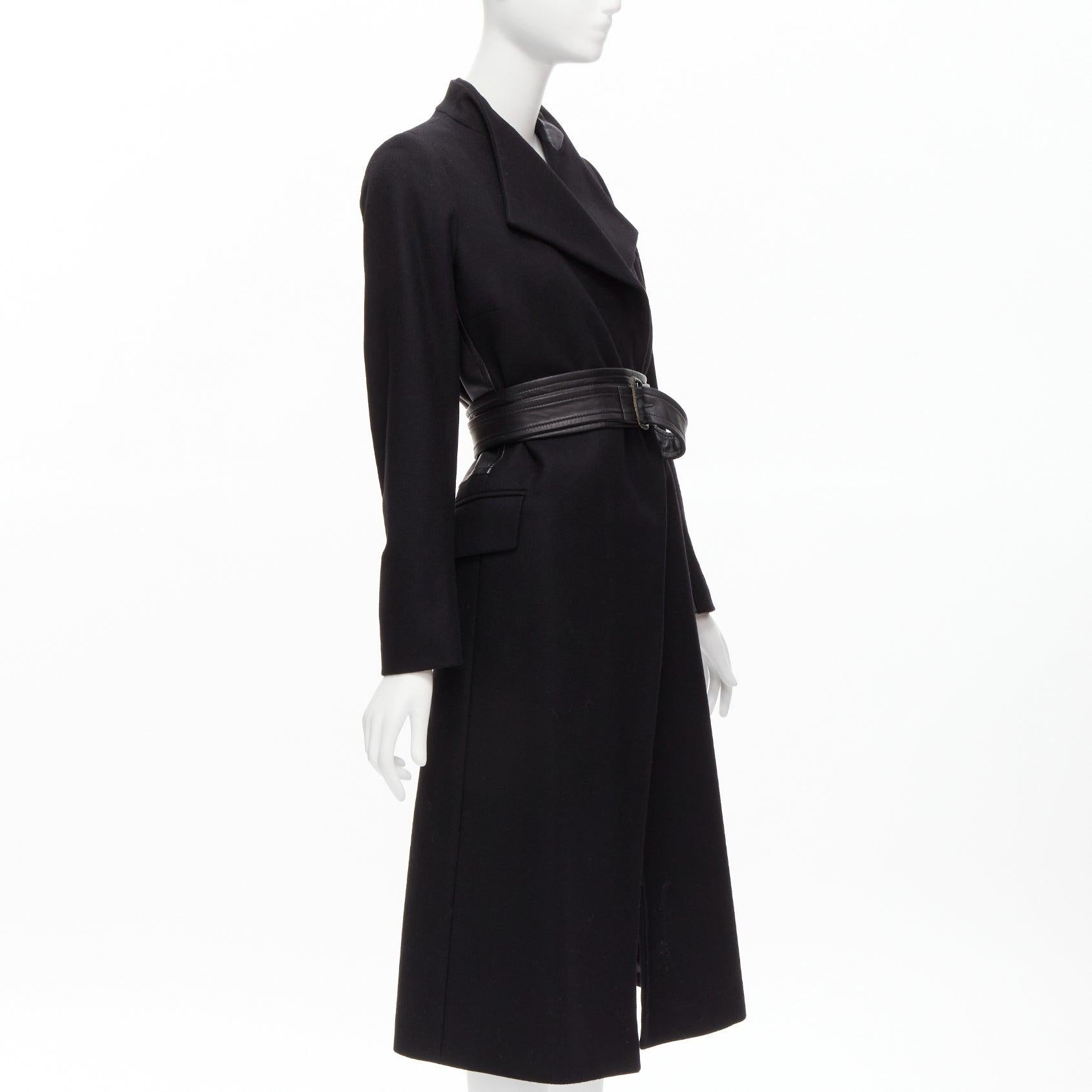 DRIES VAN NOTEN wool blend leather panel insert longline belted coat FR38 M In Good Condition For Sale In Hong Kong, NT