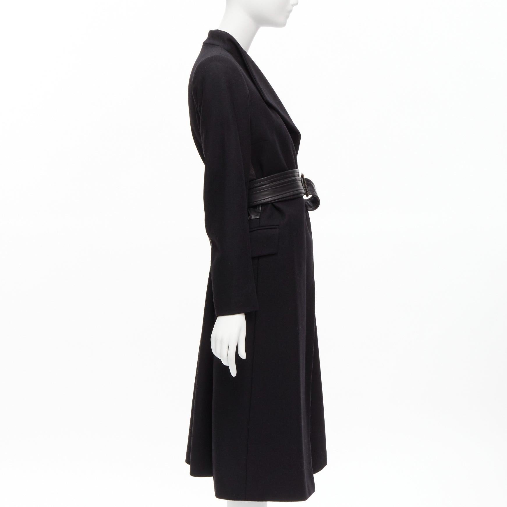 Women's DRIES VAN NOTEN wool blend leather panel insert longline belted coat FR38 M For Sale