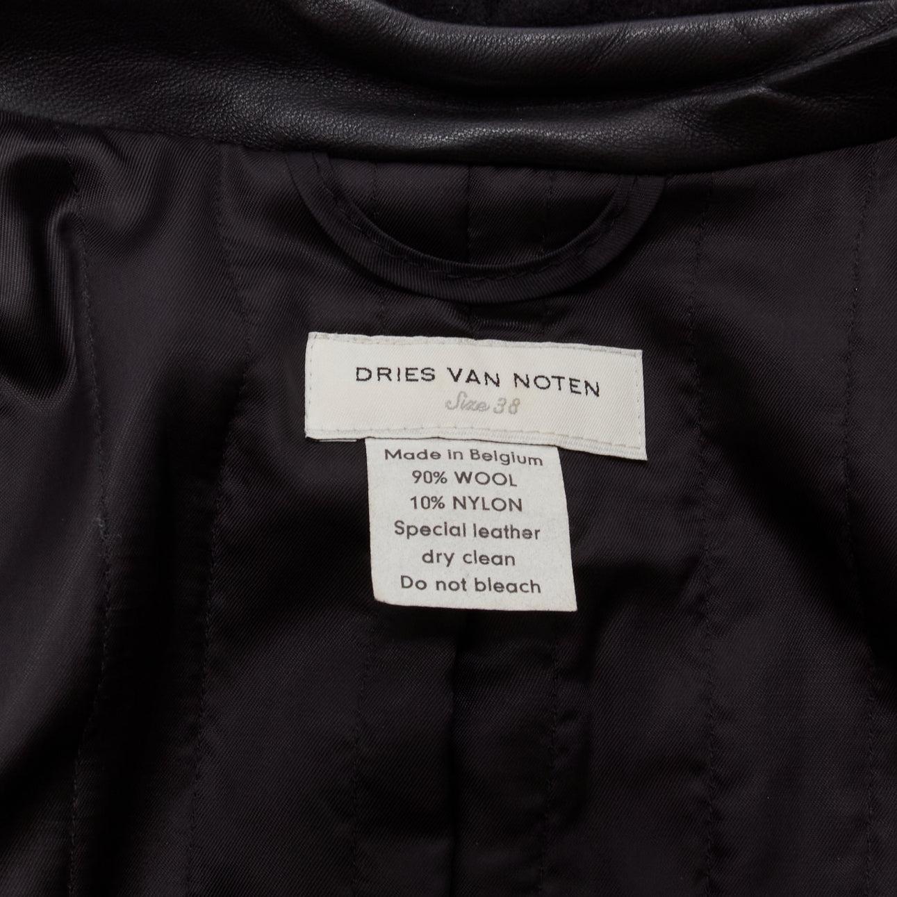 DRIES VAN NOTEN wool blend leather panel insert longline belted coat FR38 M For Sale 5