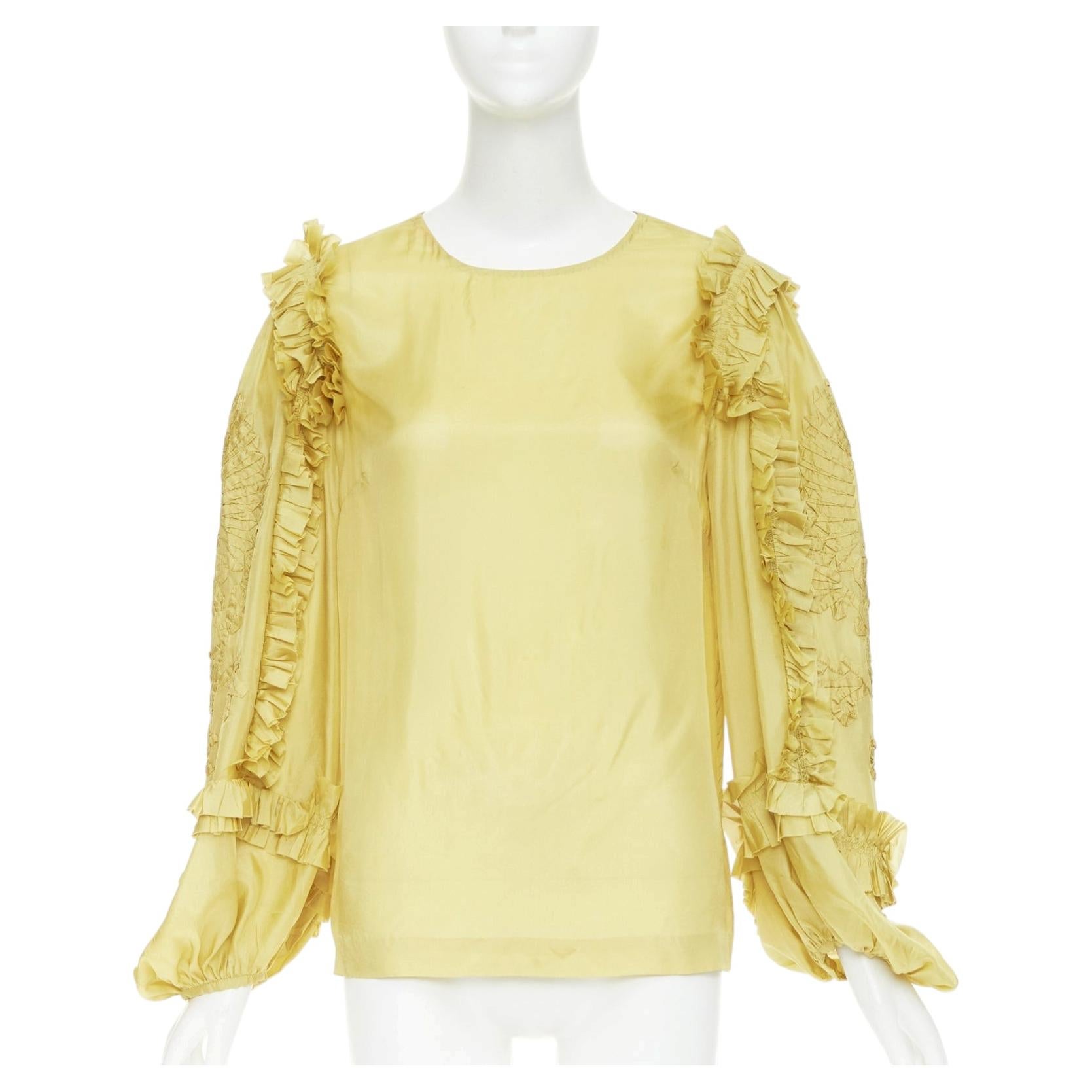 DRIES VAN NOTEN yellow 100% silk ruffle applique puff sleeve blouse FR38 M For Sale