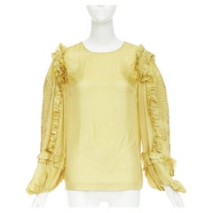 DRIES VAN NOTEN yellow 100% silk ruffle applique puff sleeve blouse FR38 M