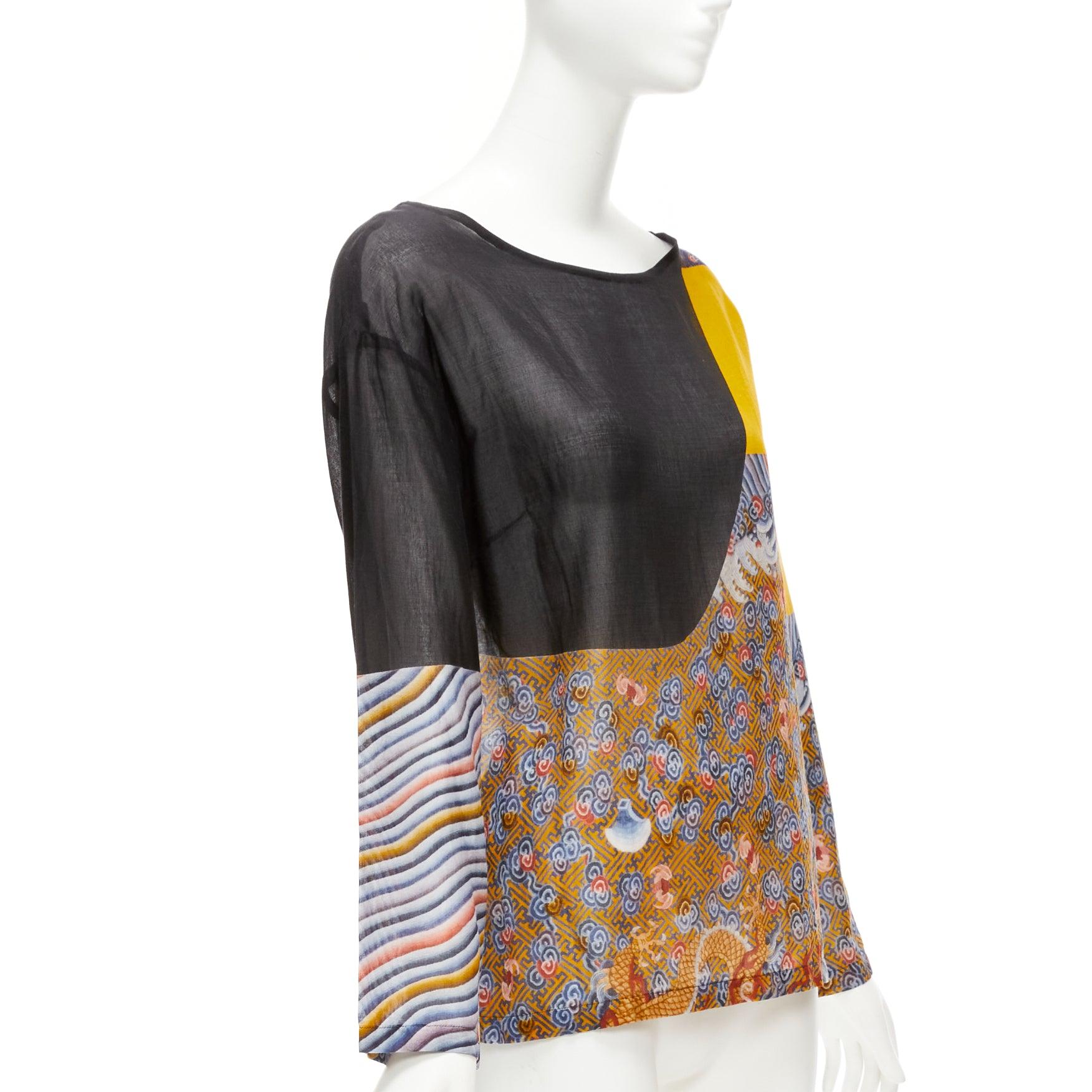 Brown DRIES VAN NOTEN yellow black cotton oriental print boxy long sleeve top FR38 M For Sale