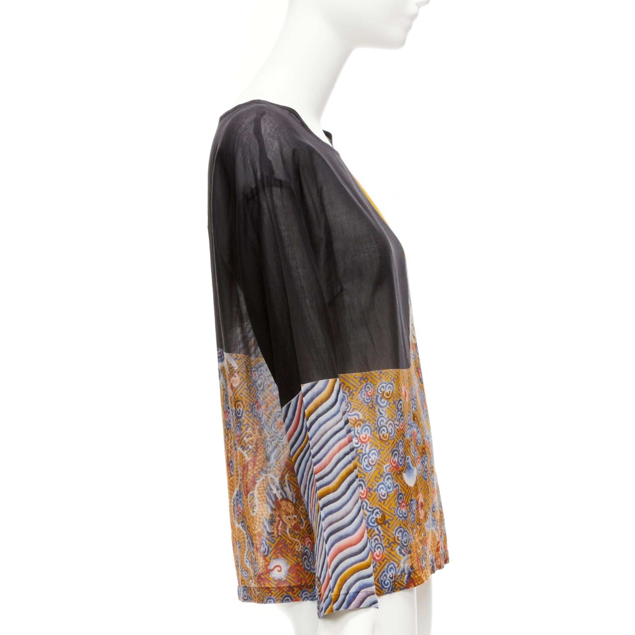 DRIES VAN NOTEN yellow black cotton oriental print boxy long sleeve top FR38 M In Excellent Condition For Sale In Hong Kong, NT