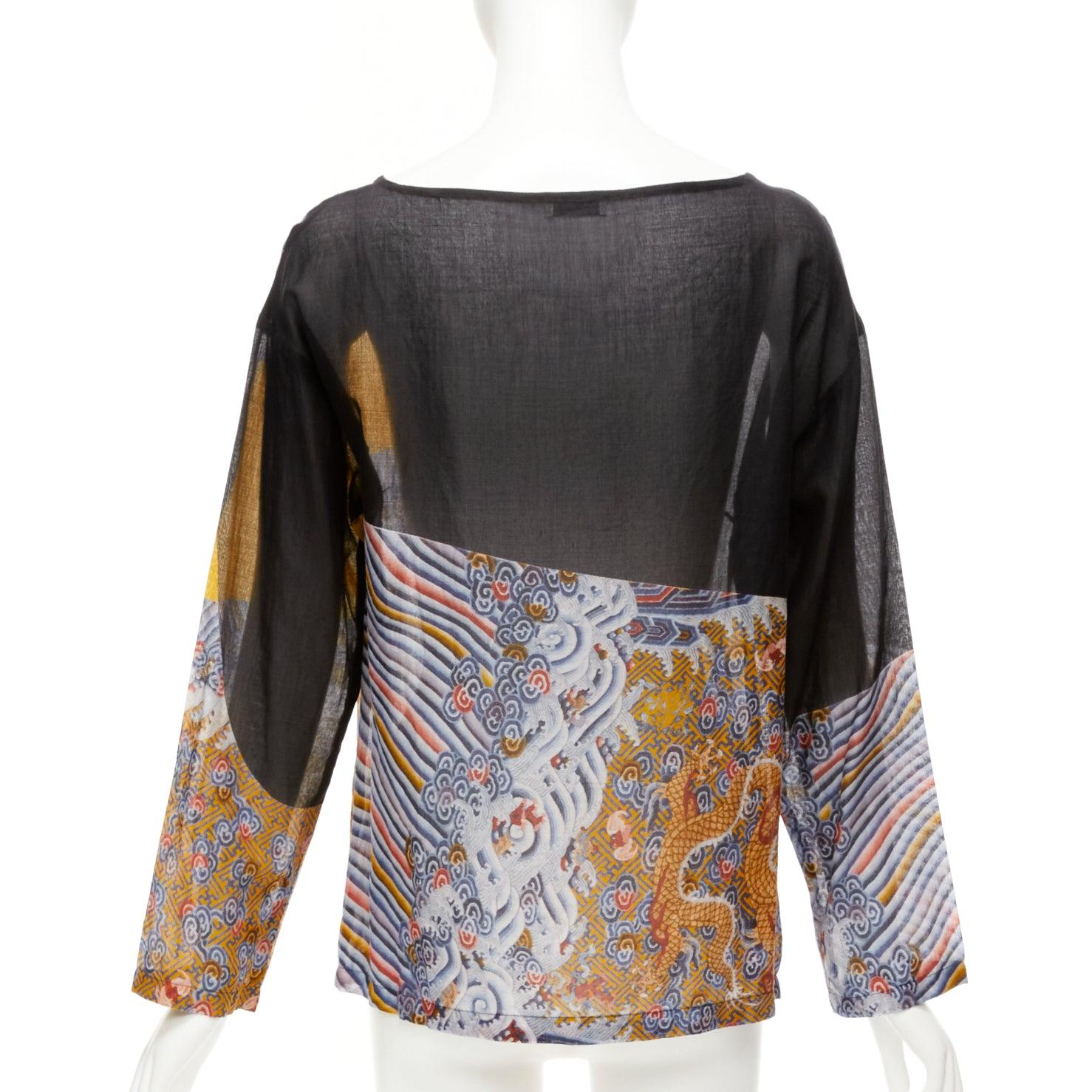 DRIES VAN NOTEN yellow black cotton oriental print boxy long sleeve top FR38 M For Sale 1