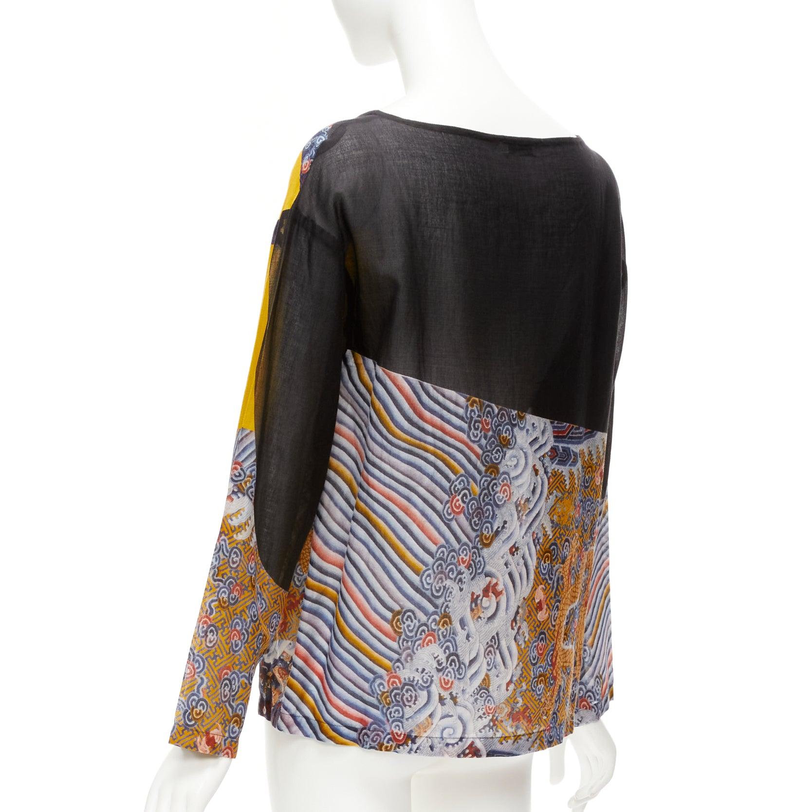 DRIES VAN NOTEN yellow black cotton oriental print boxy long sleeve top FR38 M For Sale 1
