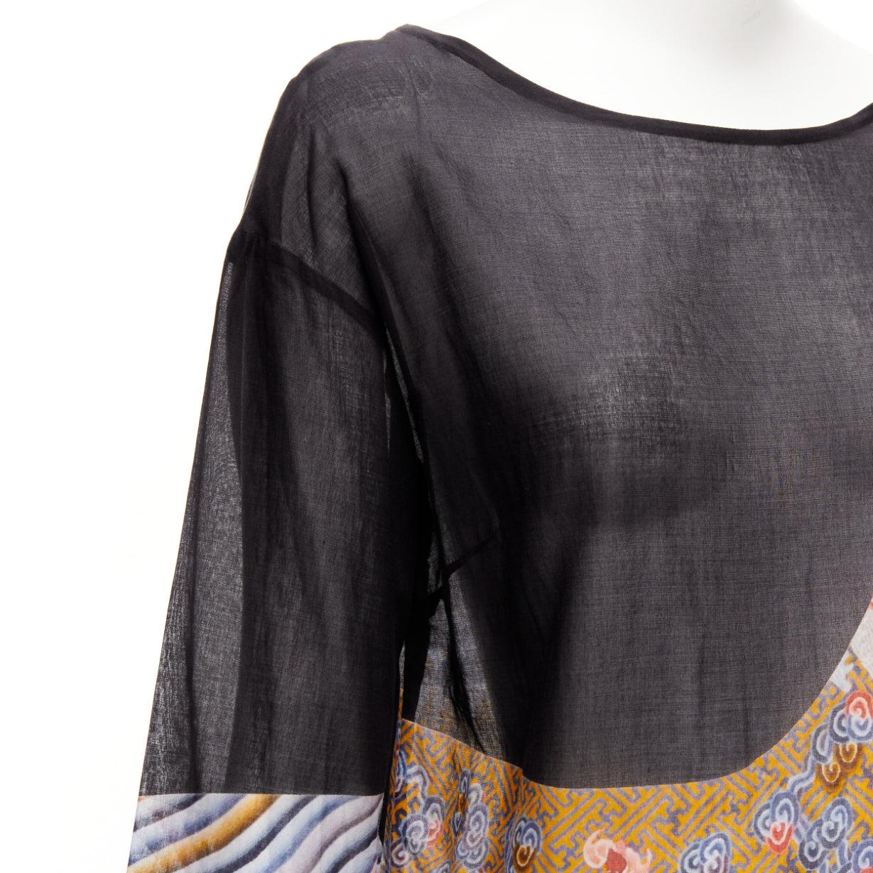 DRIES VAN NOTEN yellow black cotton oriental print boxy long sleeve top FR38 M For Sale 2