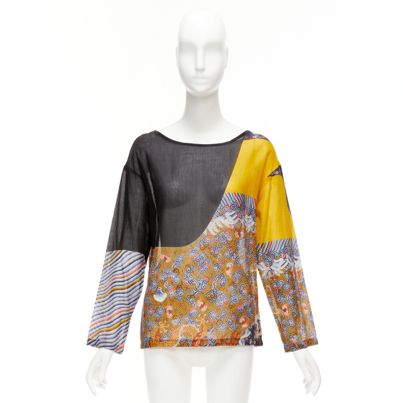 DRIES VAN NOTEN yellow black cotton oriental print boxy long sleeve top FR38 M For Sale 4