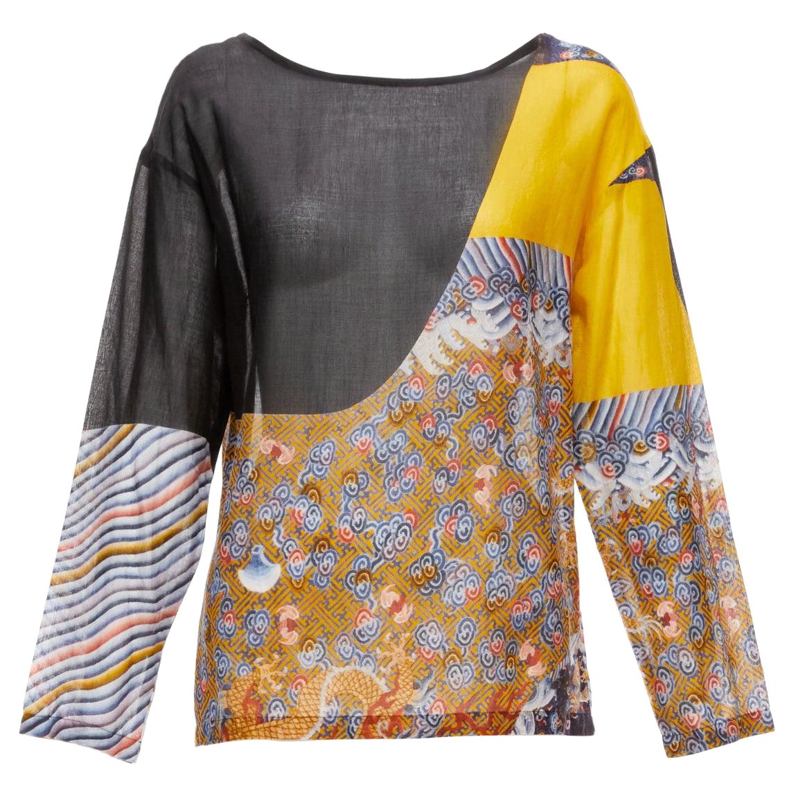 DRIES VAN NOTEN top de manga larga de algodón amarillo negro con estampado oriental FR38 M
