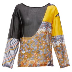 DRIES VAN NOTEN top de manga larga de algodón amarillo negro con estampado oriental FR38 M