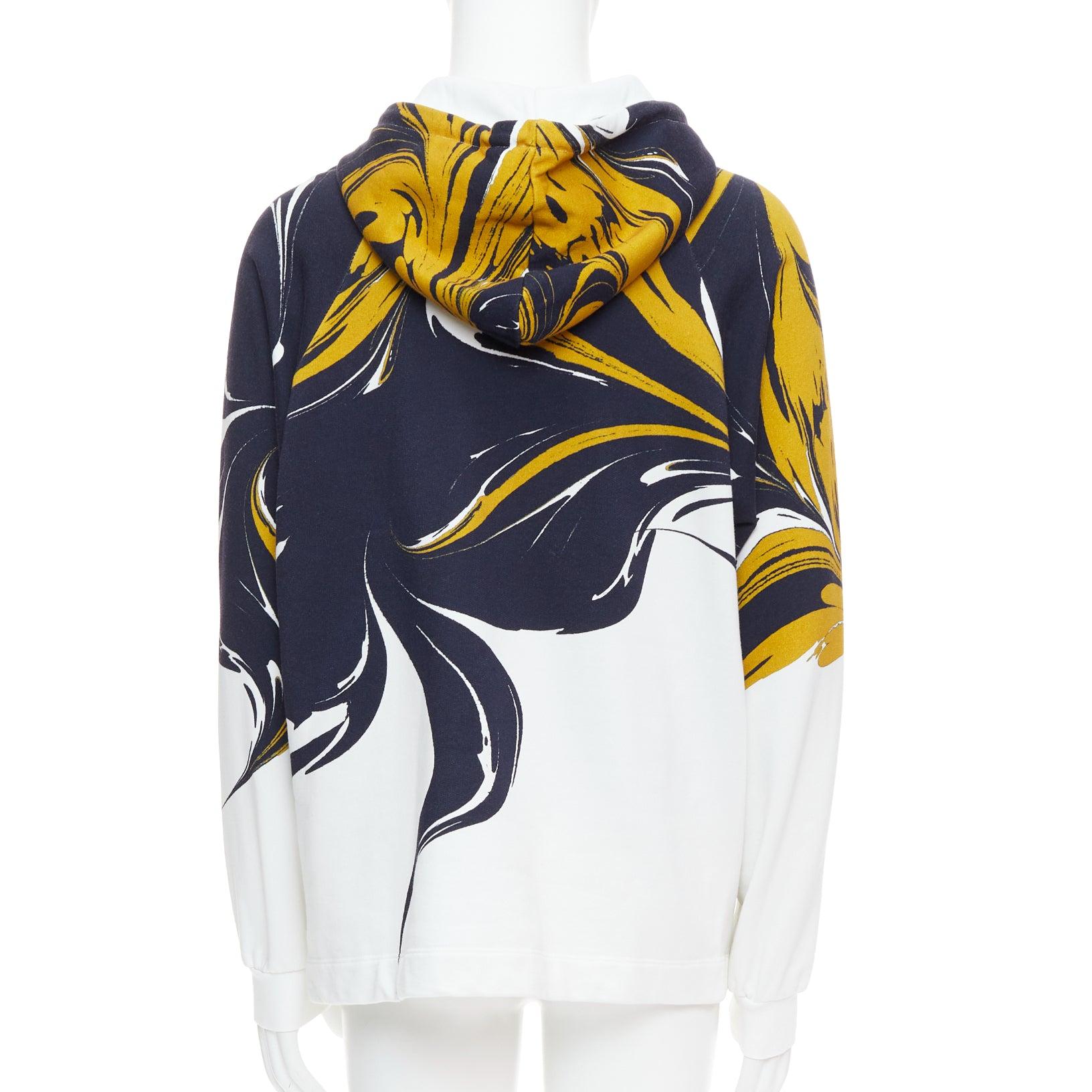 Men's DRIES VAN NOTEN yellow black white marble swirl print cotton hoodie S For Sale
