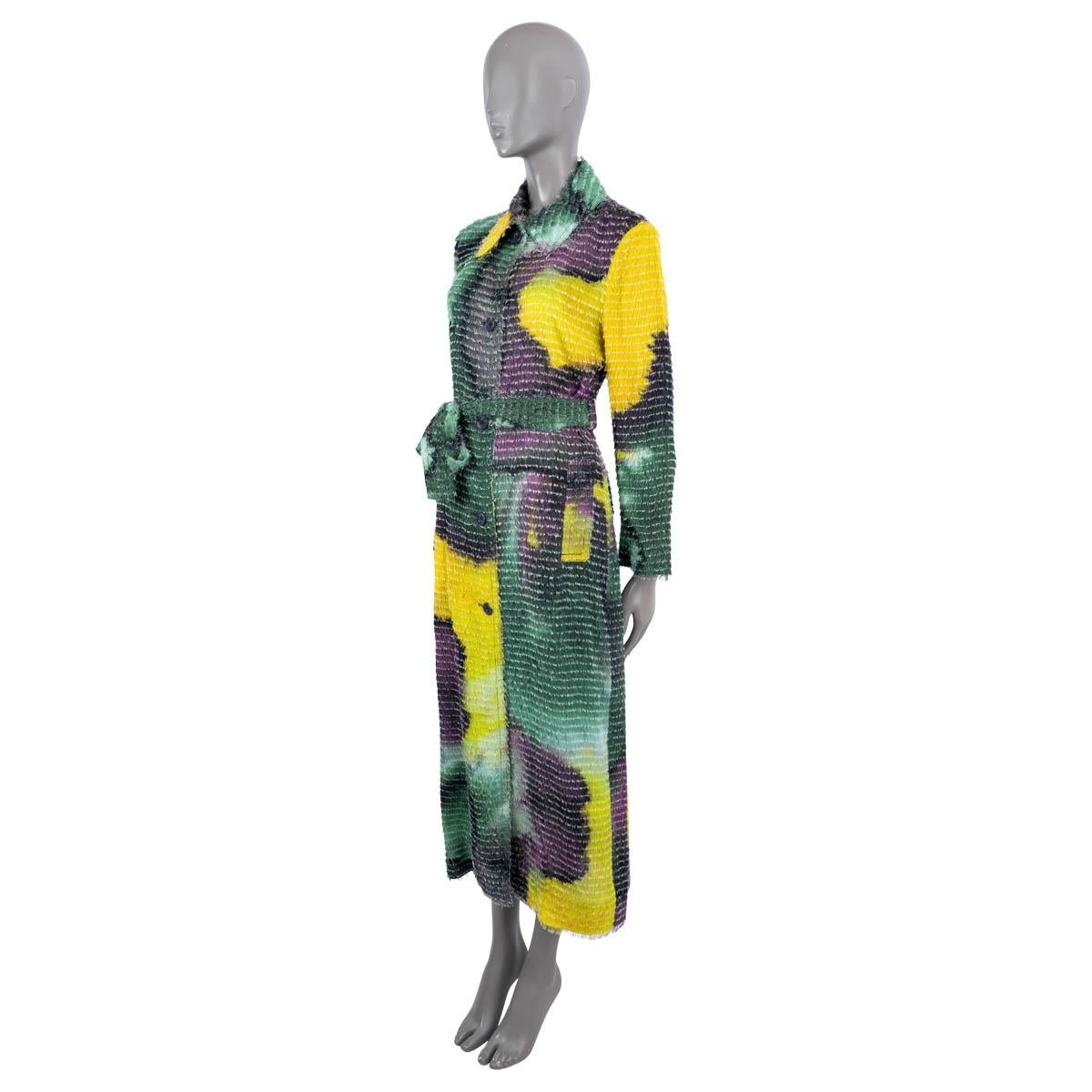 100% authentic Dries van Noten 2022 Rolano fringed thin long coat. The design features a buttoned front and a slightly loose fit made from green, yellow, lime and purple viscose (81%) and silk (19%) crepe patterned with a tie-dyed motif and has a