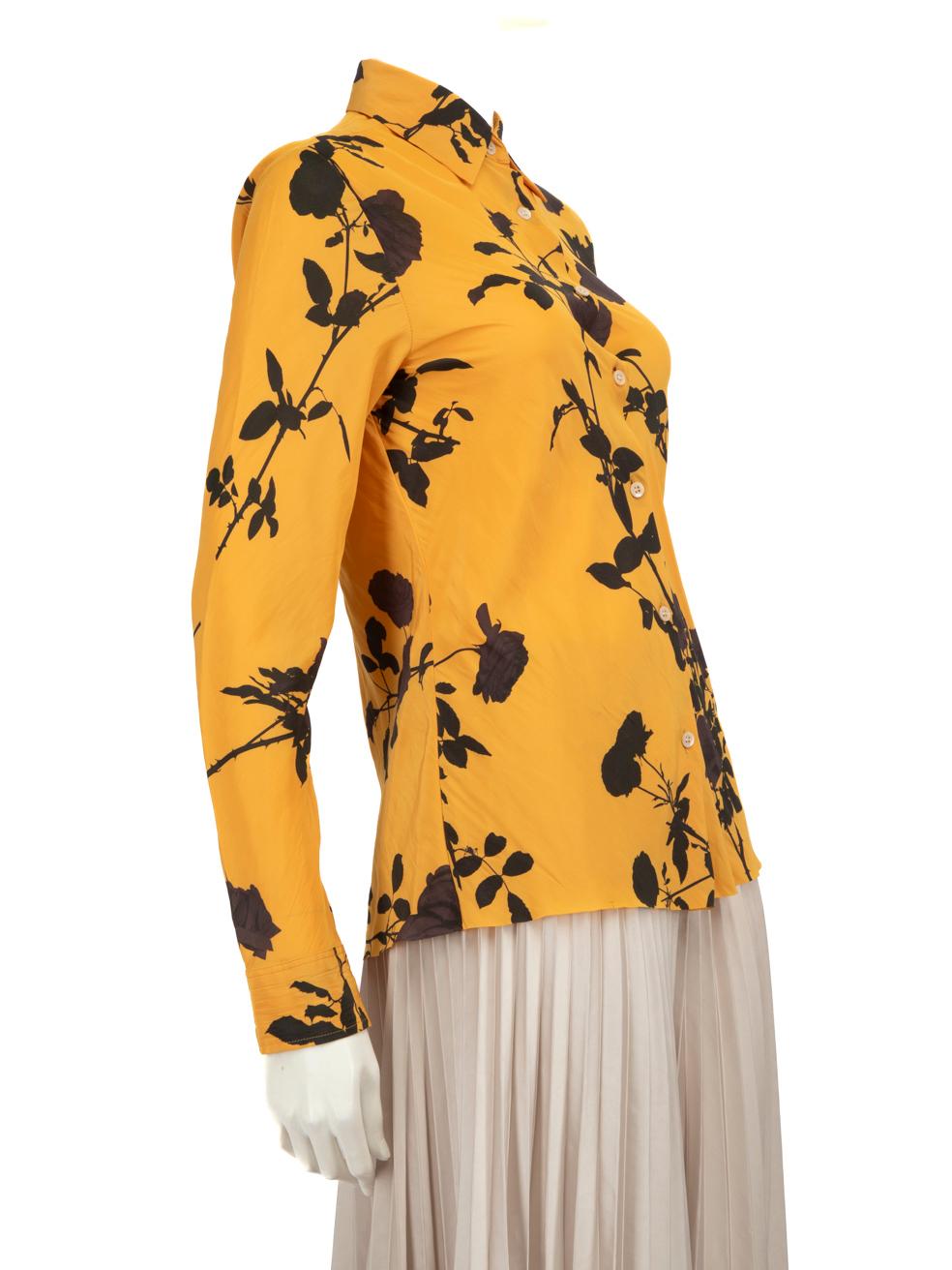 CONDITION is Very good. Hardly any visible wear to shirt is evident on this used Dries Van Noten designer resale item. This shirt is missing its composition label, due to poor storage.
 
 Details
 
 
 Yellow
 
 Silk
 
 Shirt
 
 Long sleeves
 
