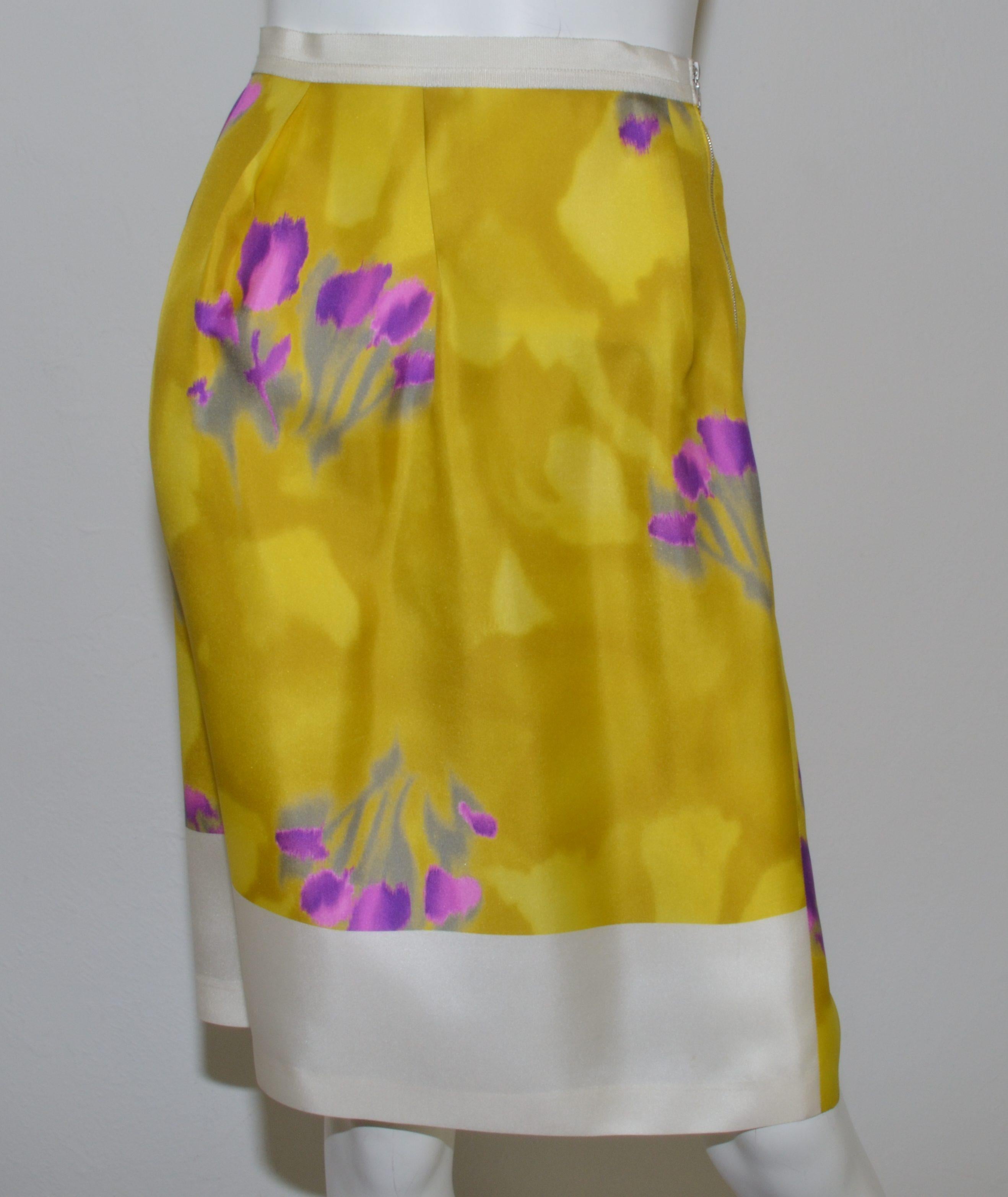 Dries Van Noten Yellow Silk Print Skirt Set In Excellent Condition For Sale In Carmel, CA