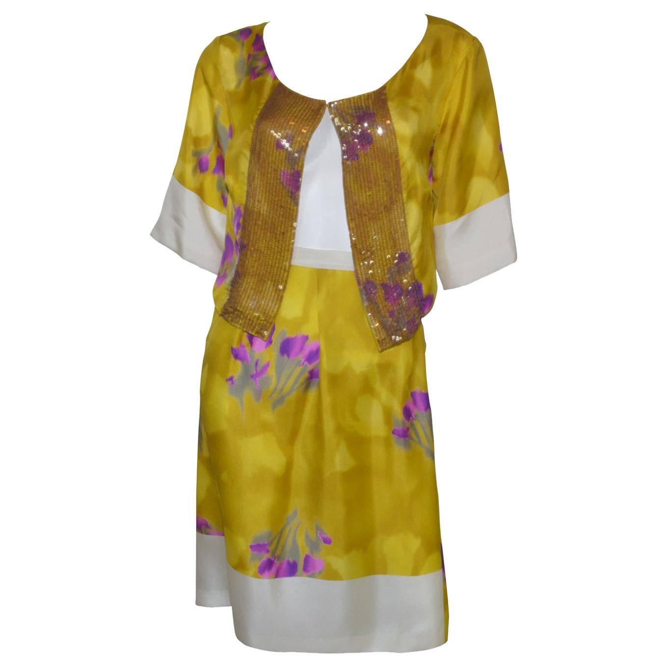 Dries Van Noten Yellow Silk Print Skirt Set For Sale