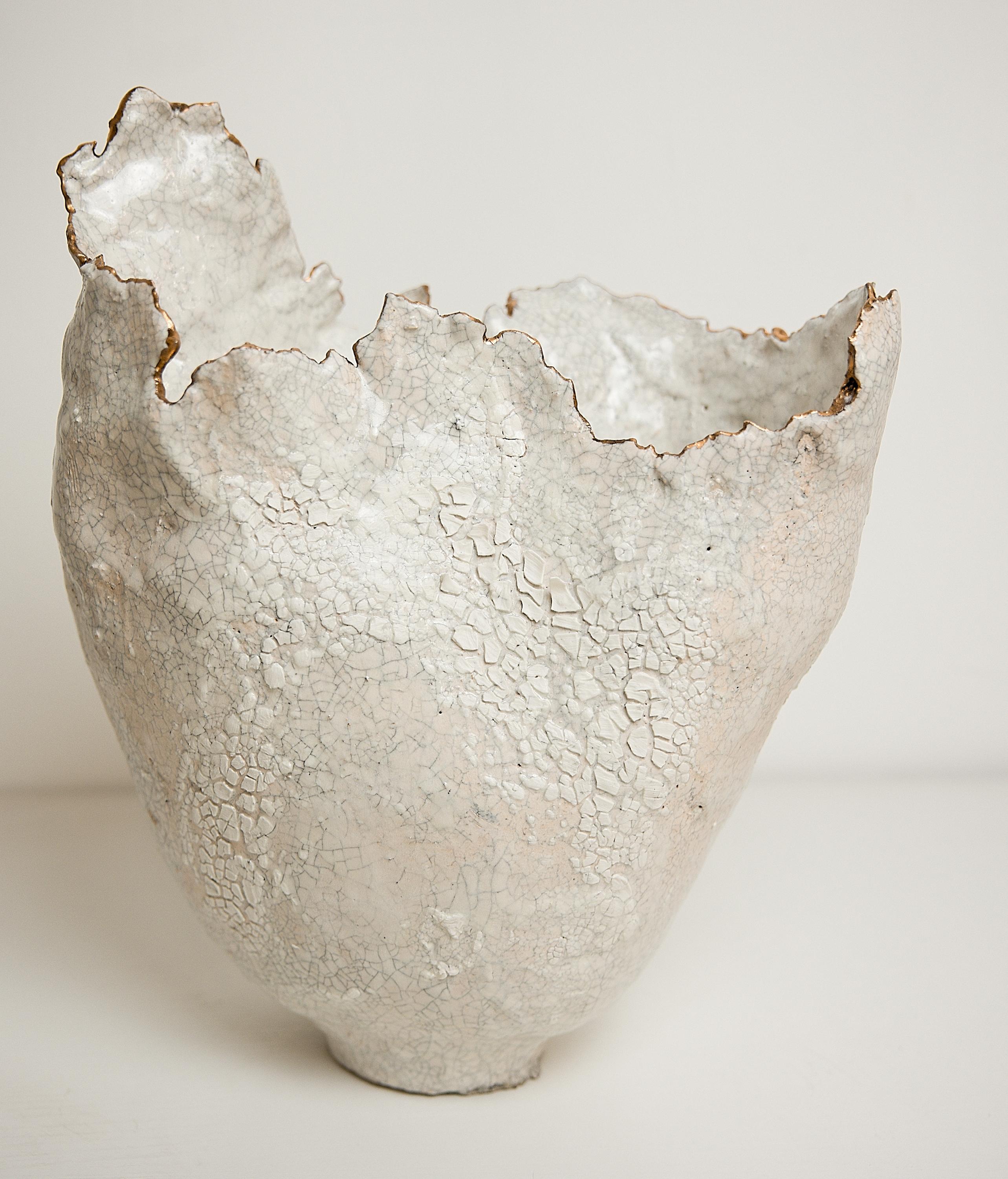 Organic Modern Drift  Crackle  White sculpture Open Narrow Vase with Gold Lustre rim For Sale