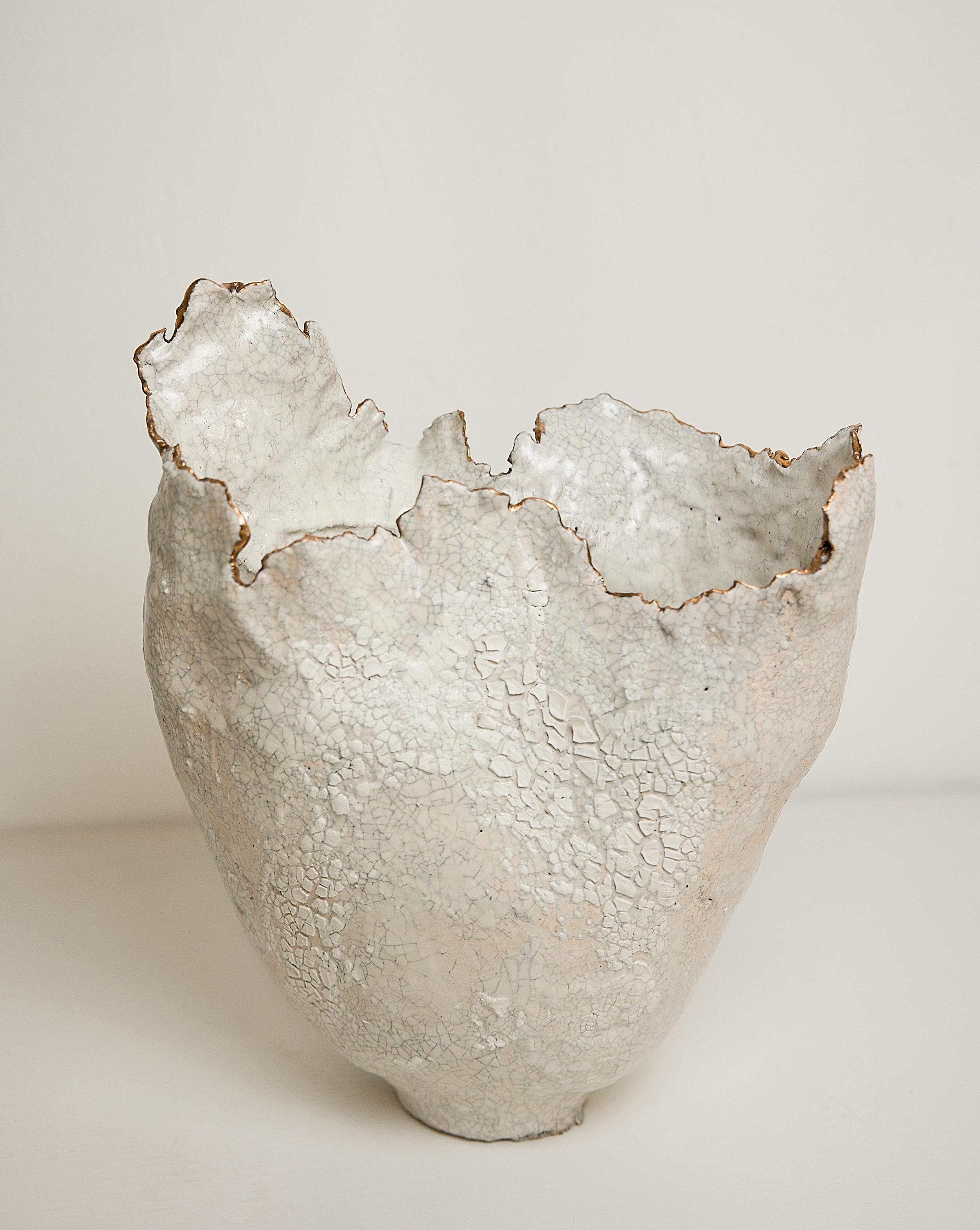 Hand-Crafted Drift  Crackle  White sculpture Open Narrow Vase with Gold Lustre rim For Sale