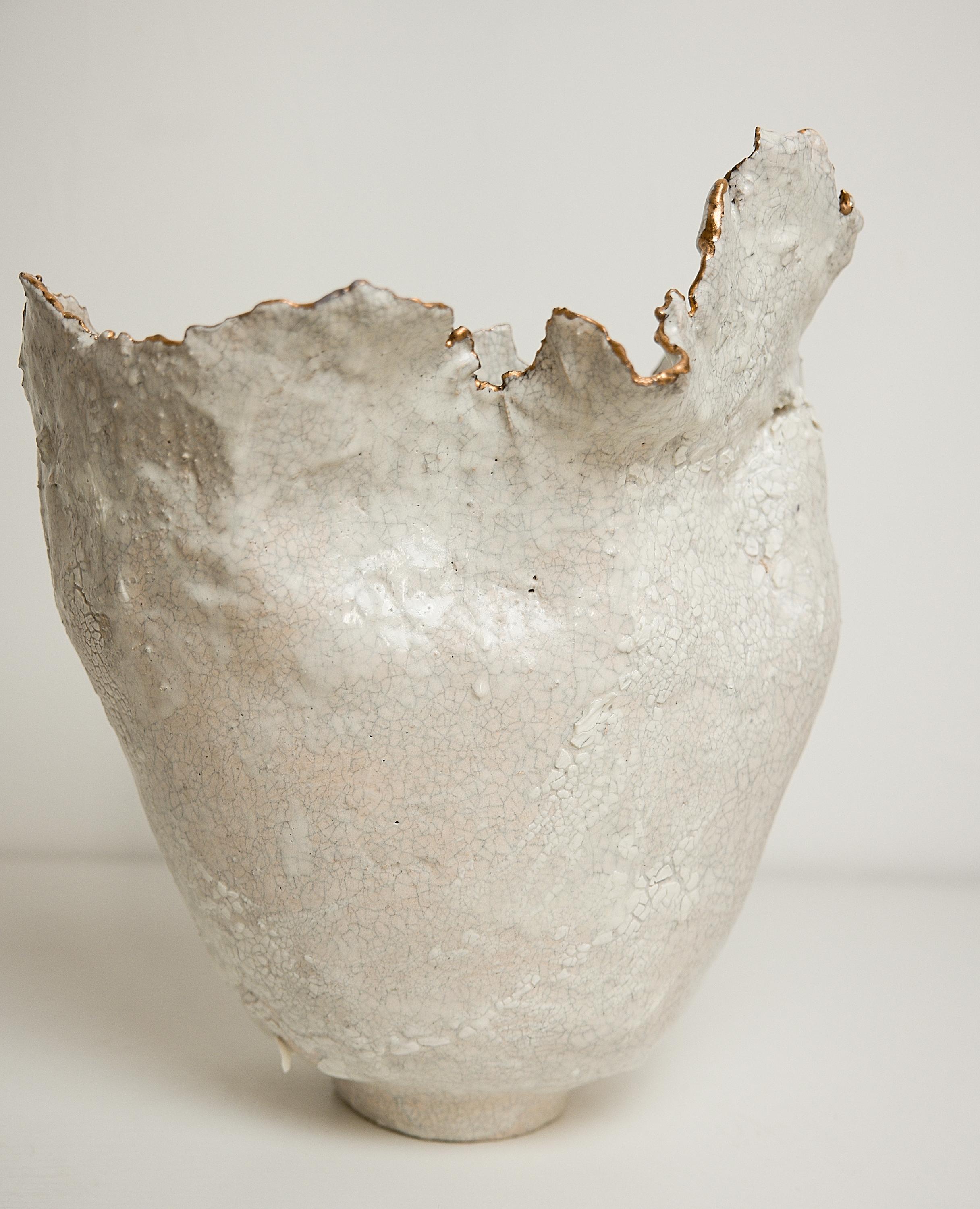 Stoneware Drift  Crackle  White sculpture Open Narrow Vase with Gold Lustre rim For Sale