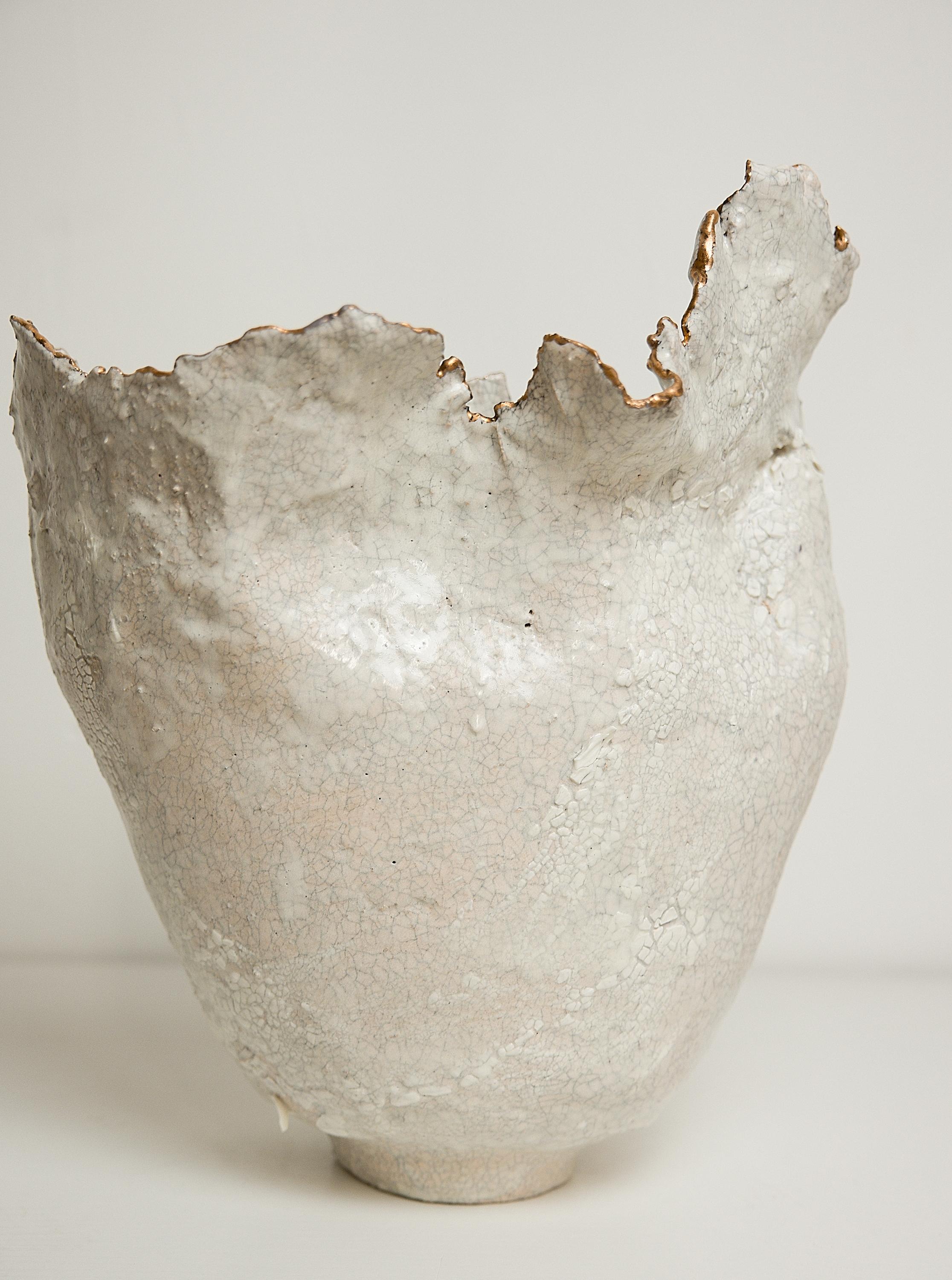 Drift  Crackle  White sculpture Open Narrow Vase with Gold Lustre rim For Sale 1
