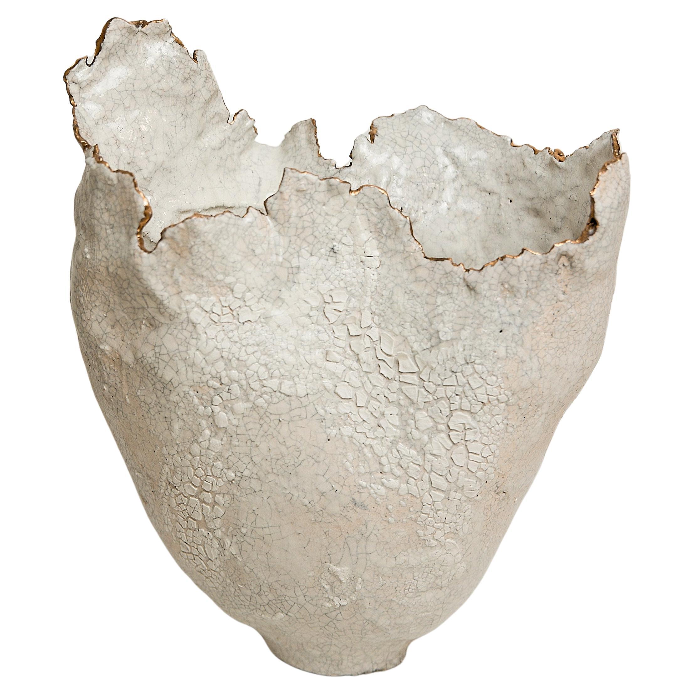 Drift  Crackle  White sculpture Open Narrow Vase with Gold Lustre rim For Sale