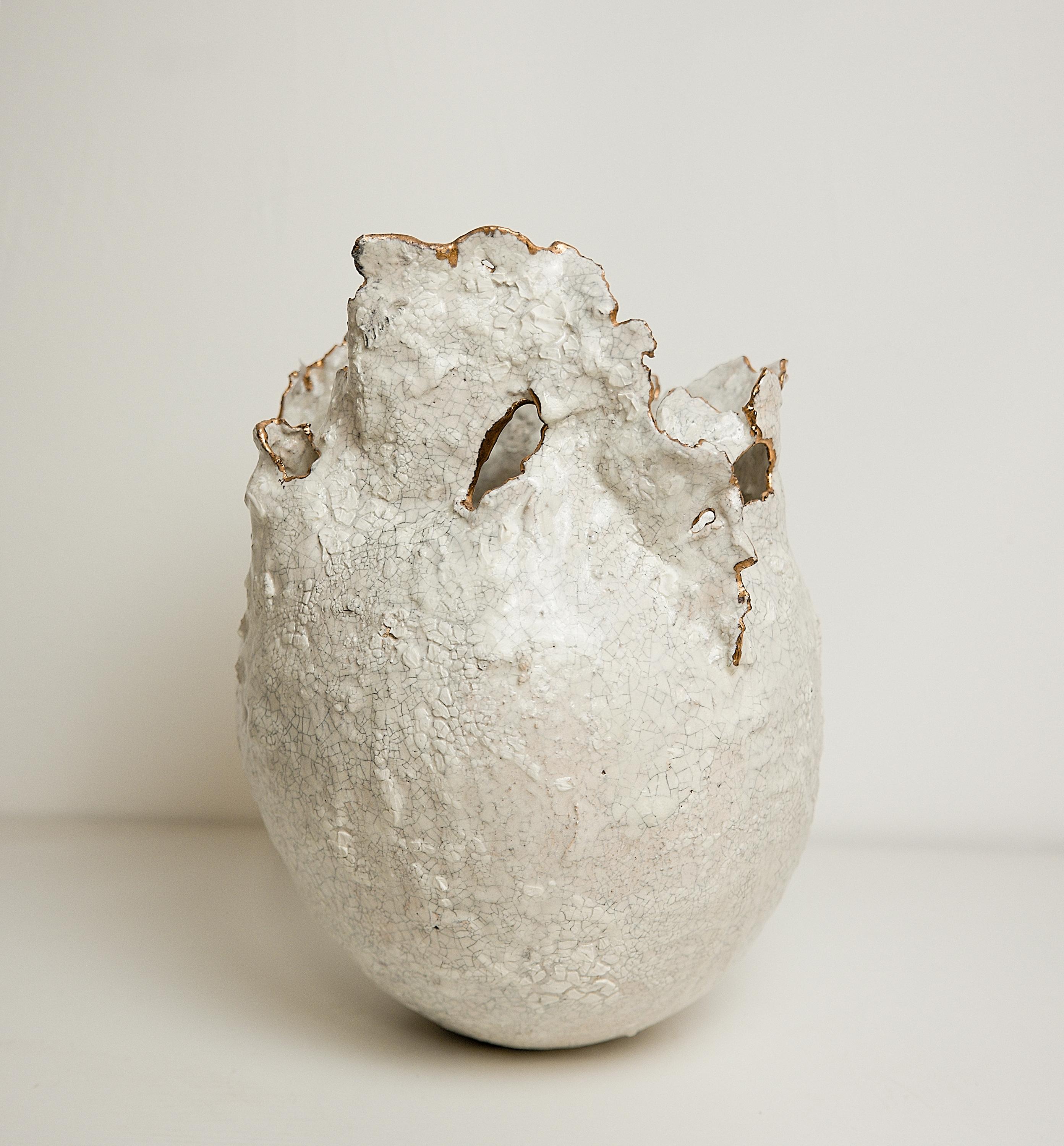 Organic Modern Drift  Crackle  White sculpture Open Round Vase with Gold Lustre rim For Sale