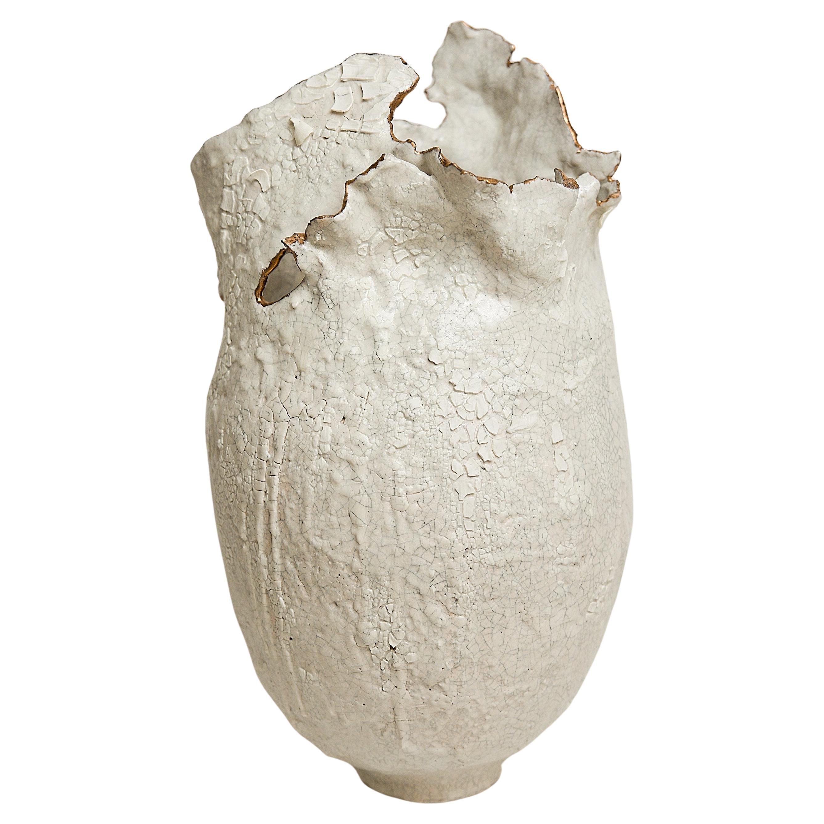 Drift  Crackle  White sculpture Open Tall Vase with Gold Lustre rim For Sale