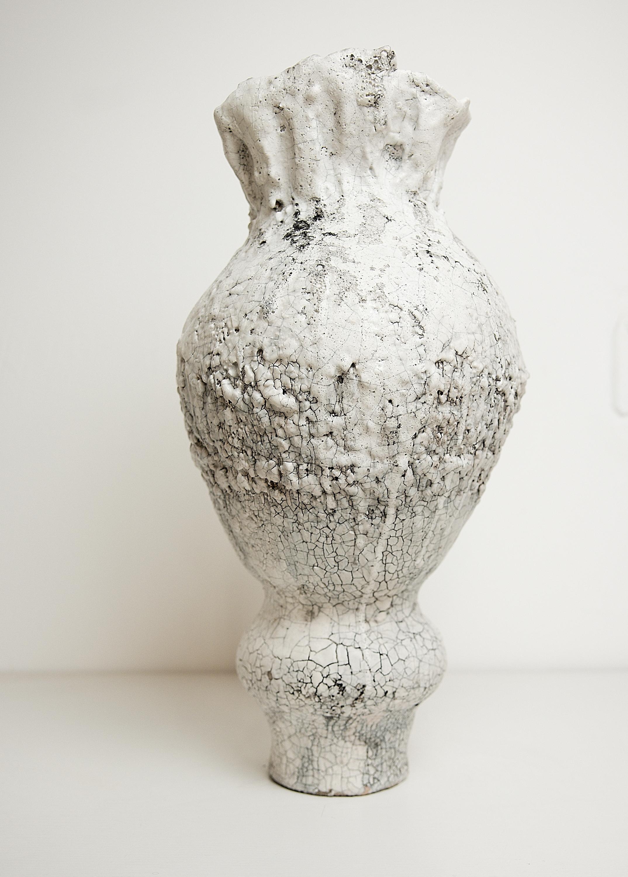 Hand-Crafted Drift  Crackle  White Sculptured Vase For Sale