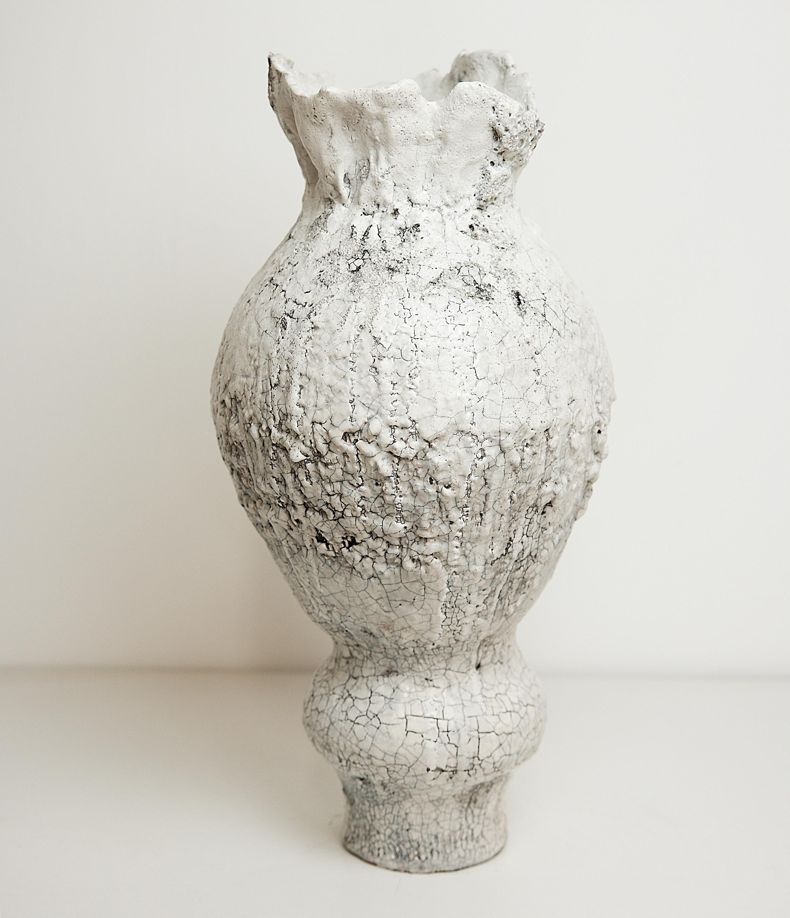 Stoneware Drift  Crackle  White Sculptured Vase For Sale