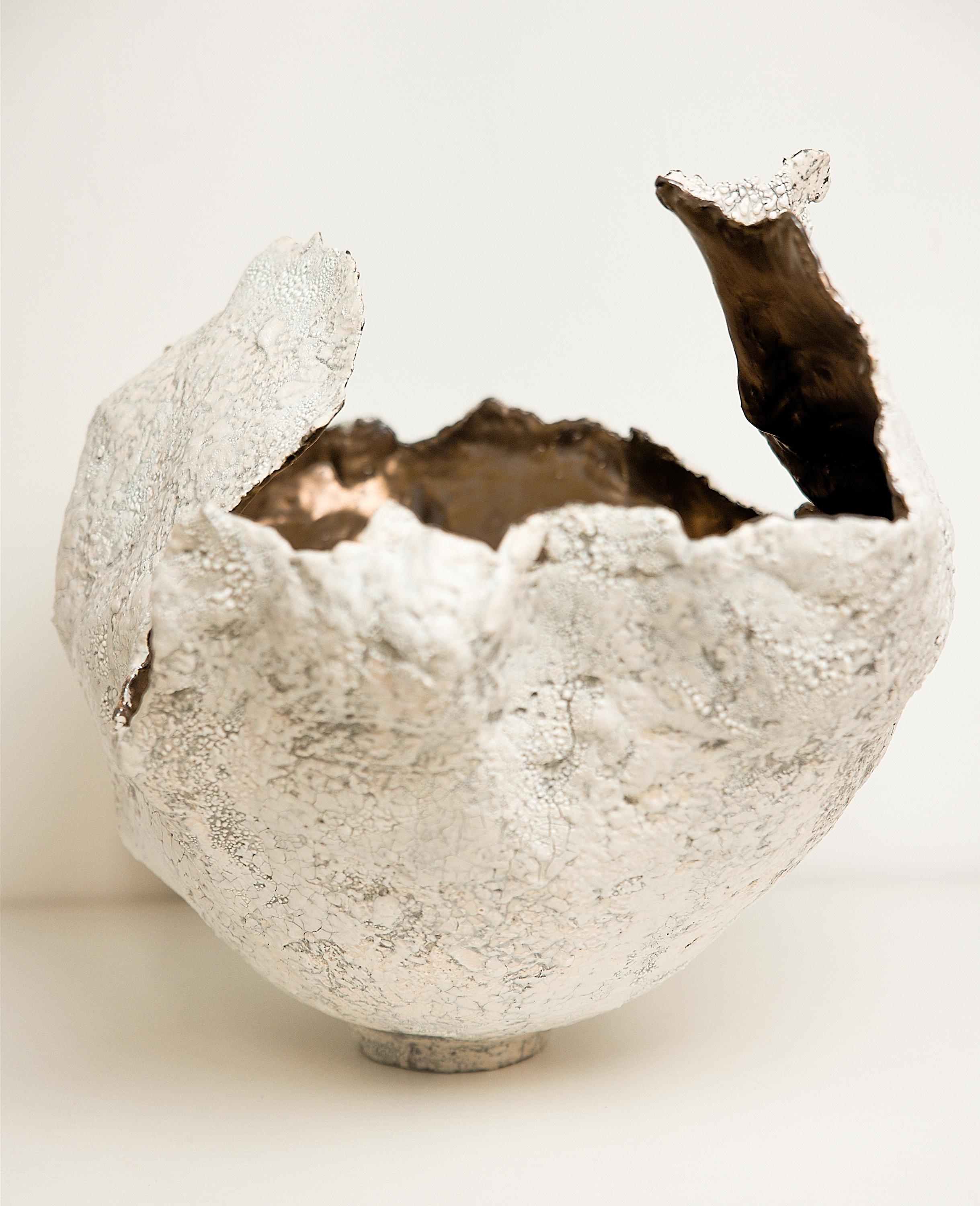 Drift  White sculpture Open Vessel Vase Handmade with GOLD glaze 2